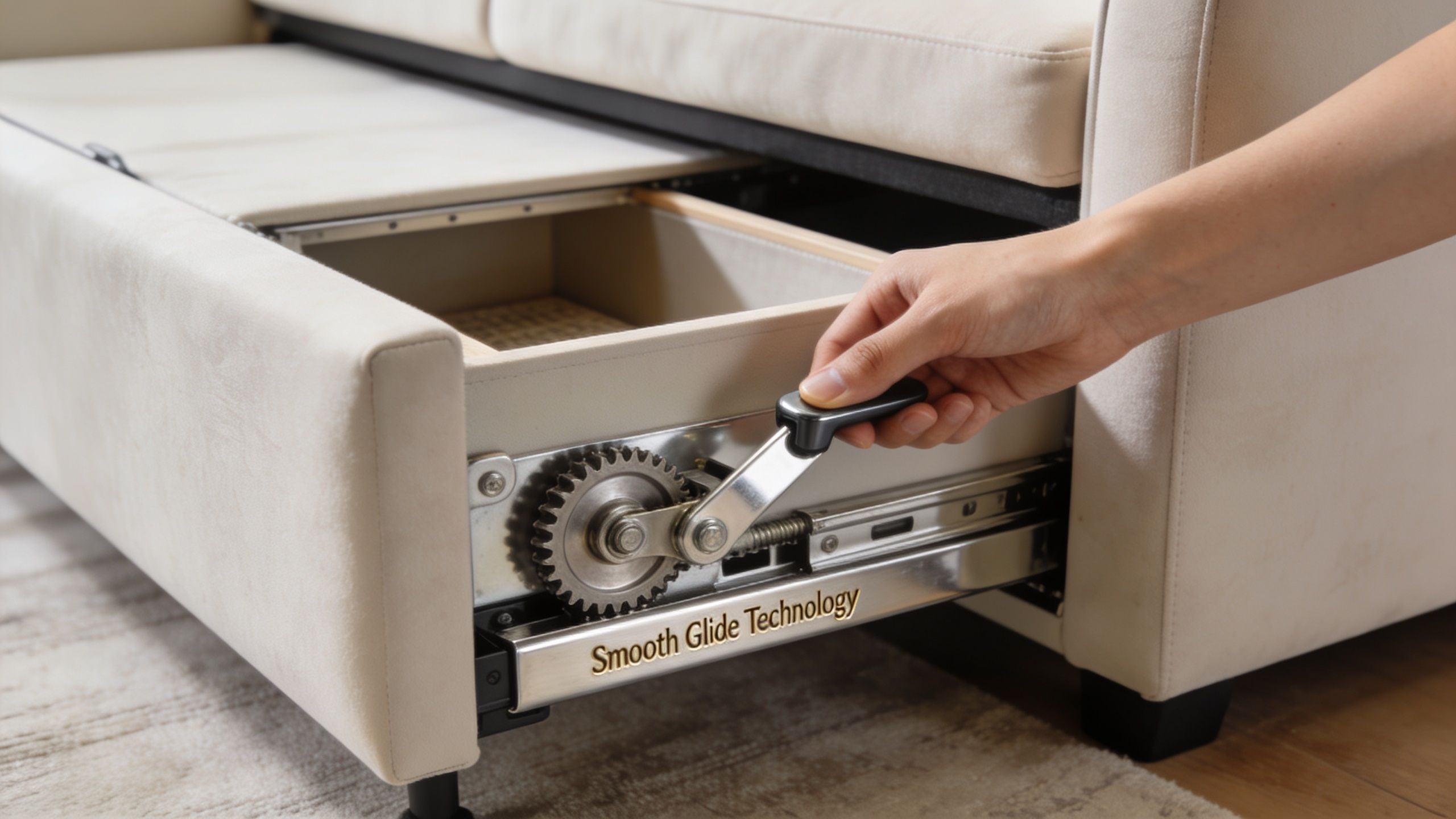 A hand operating a manual crank mechanism to open a hidden storage drawer under a cream-colored sofa.