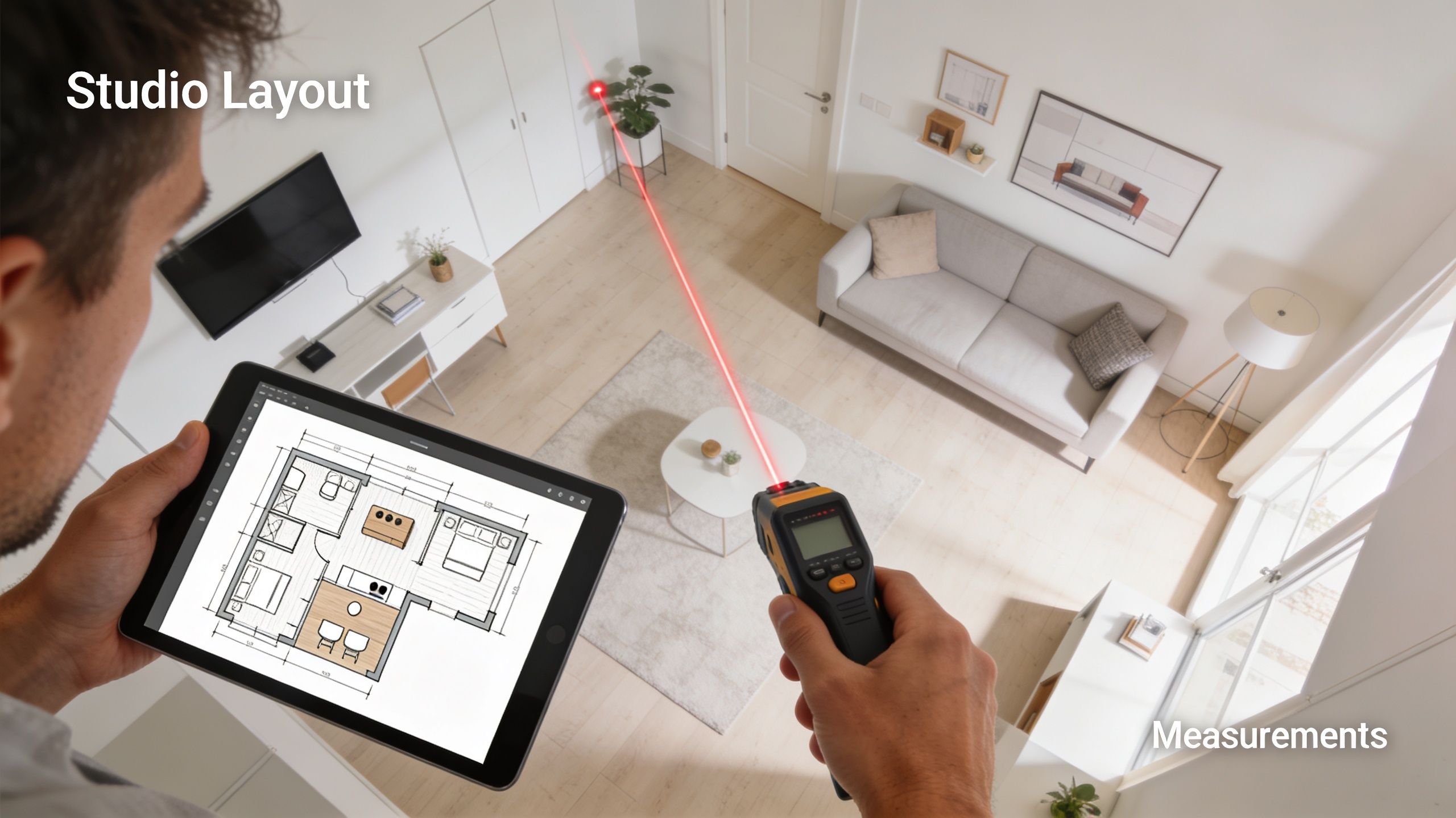 A person using a laser distance measurer and a tablet to plan a small studio apartment layout.