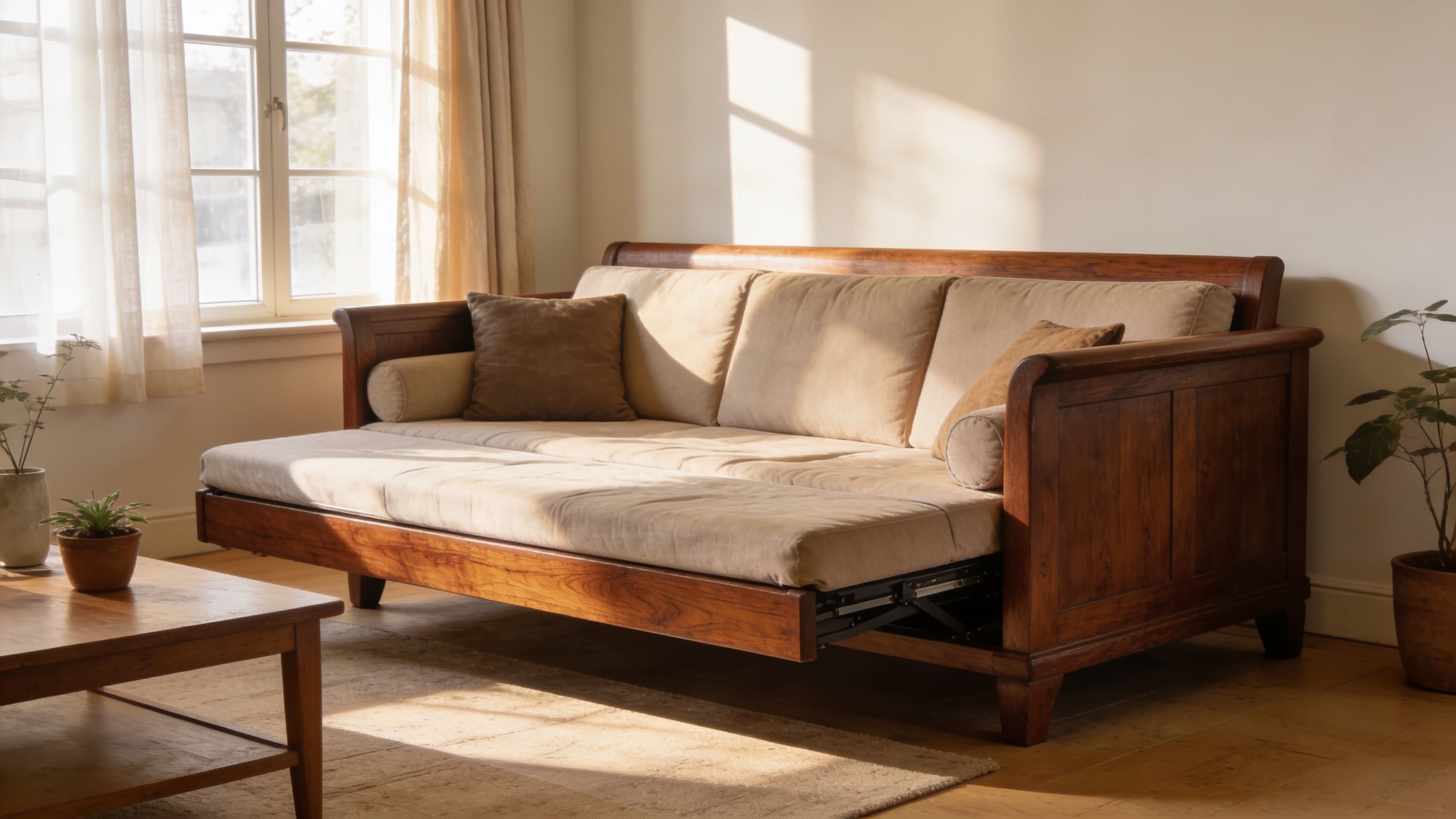 A stylish wooden sleeper sofa with beige cushions placed in a bright, sunlit living room.