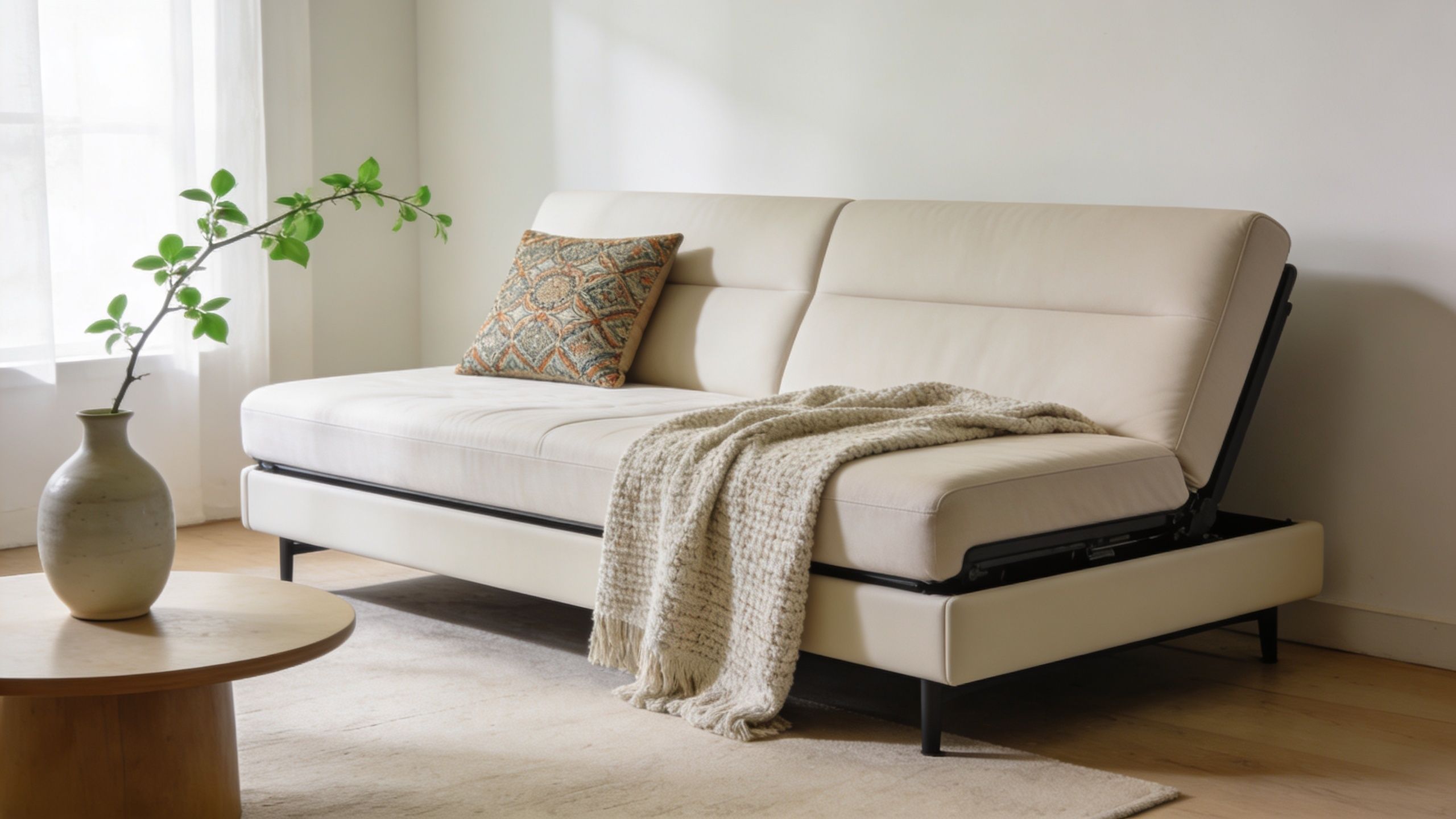 A modern cream-colored sleeper sofa with a patterned throw pillow and knit blanket in a minimalist room.