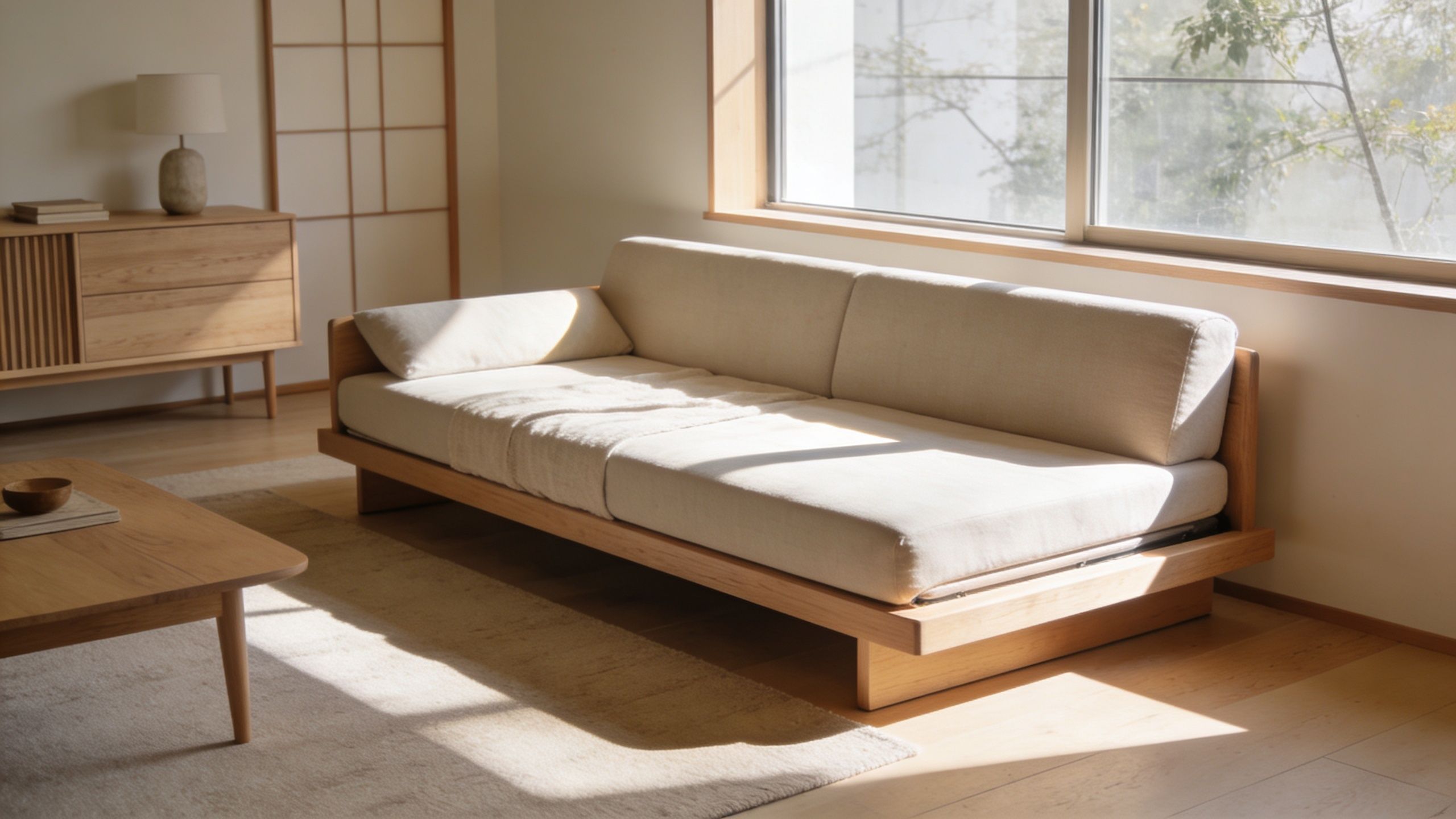 A modern minimalist sleeper sofa with light wood frame and cream fabric in a sunlit room.