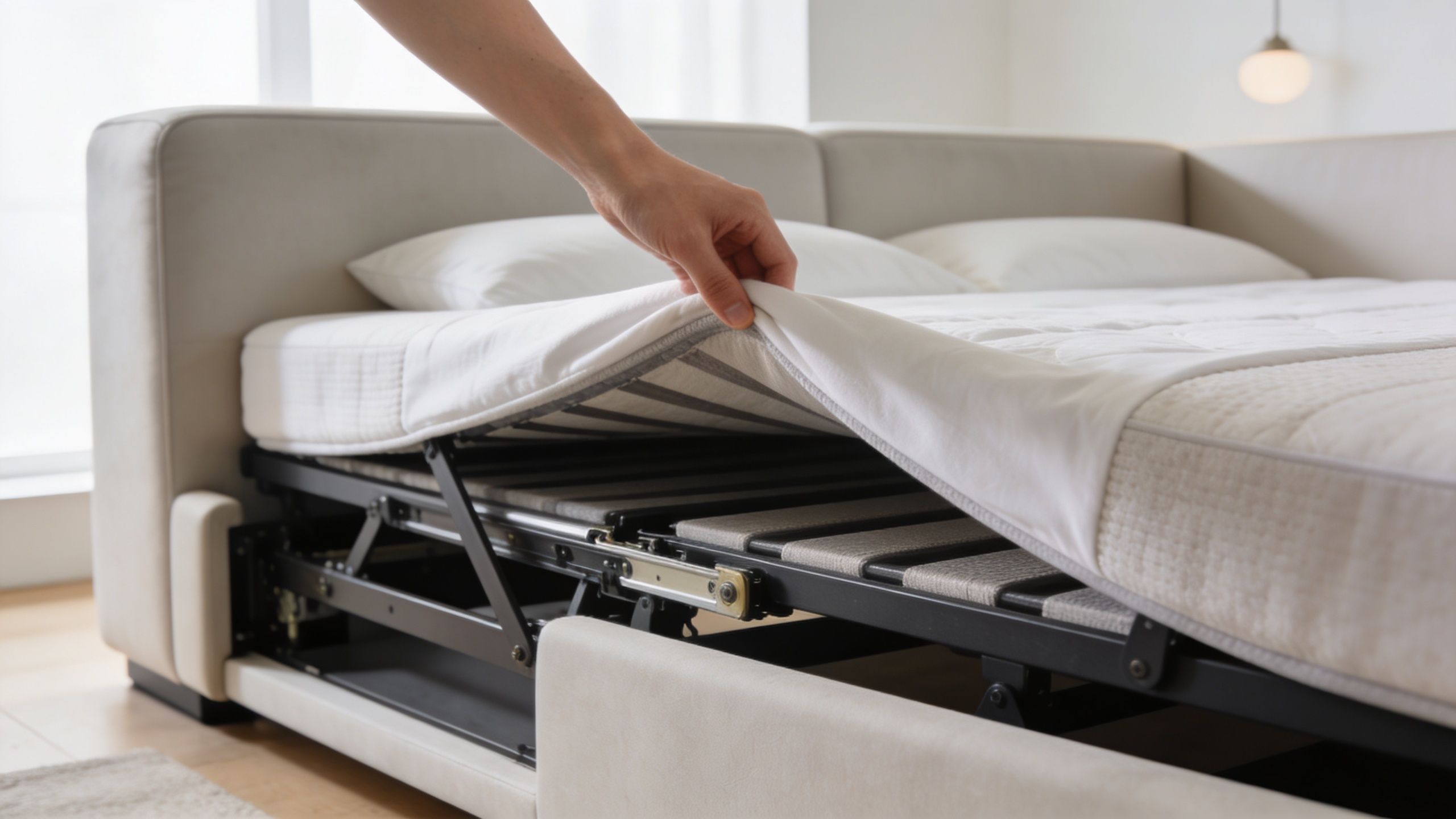A close-up view of a person lifting a mattress to reveal the metal mechanism of a modern sofa bed.