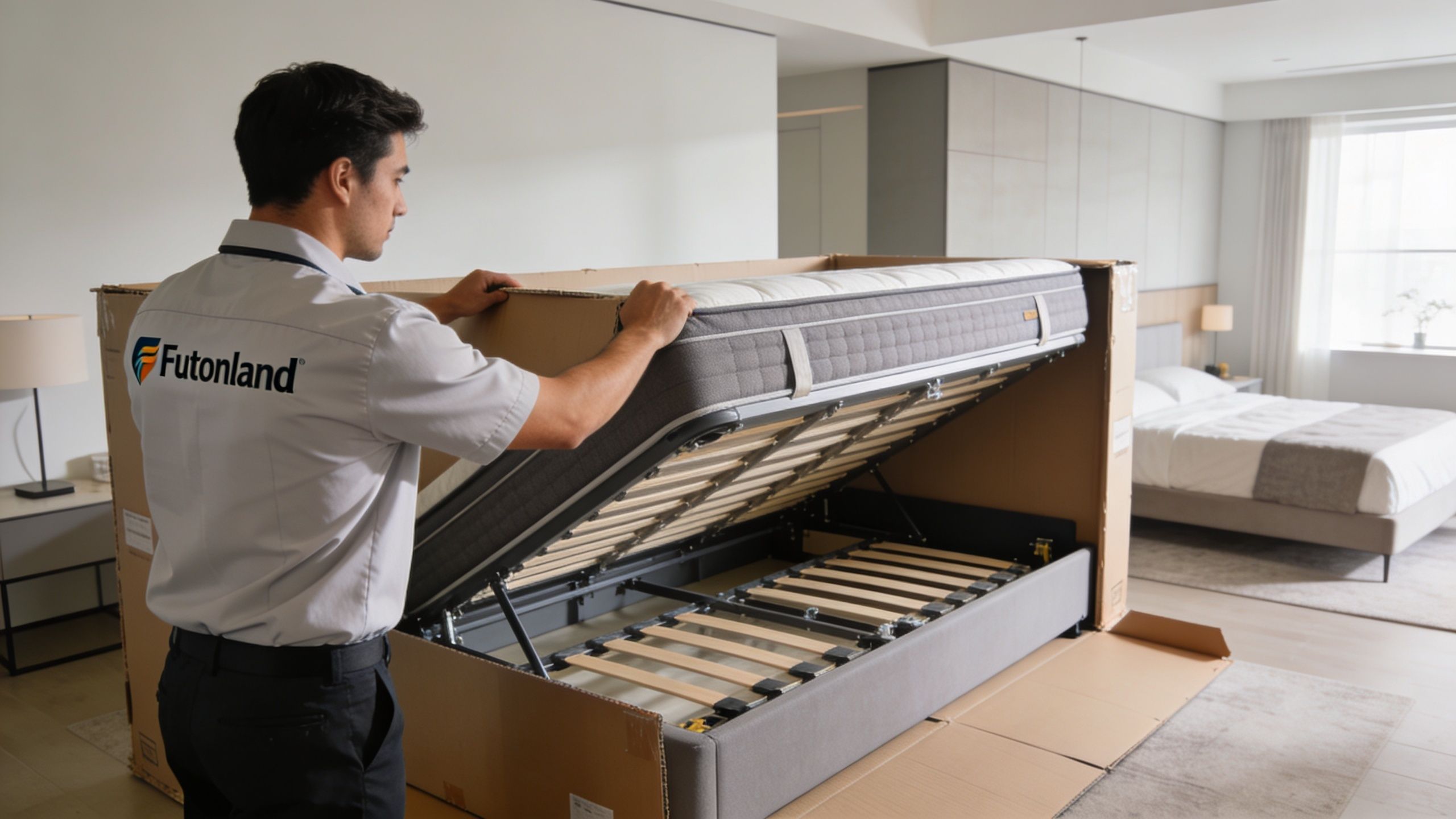 A professional delivery worker in a Futonland uniform installing a new storage bed frame in a room.