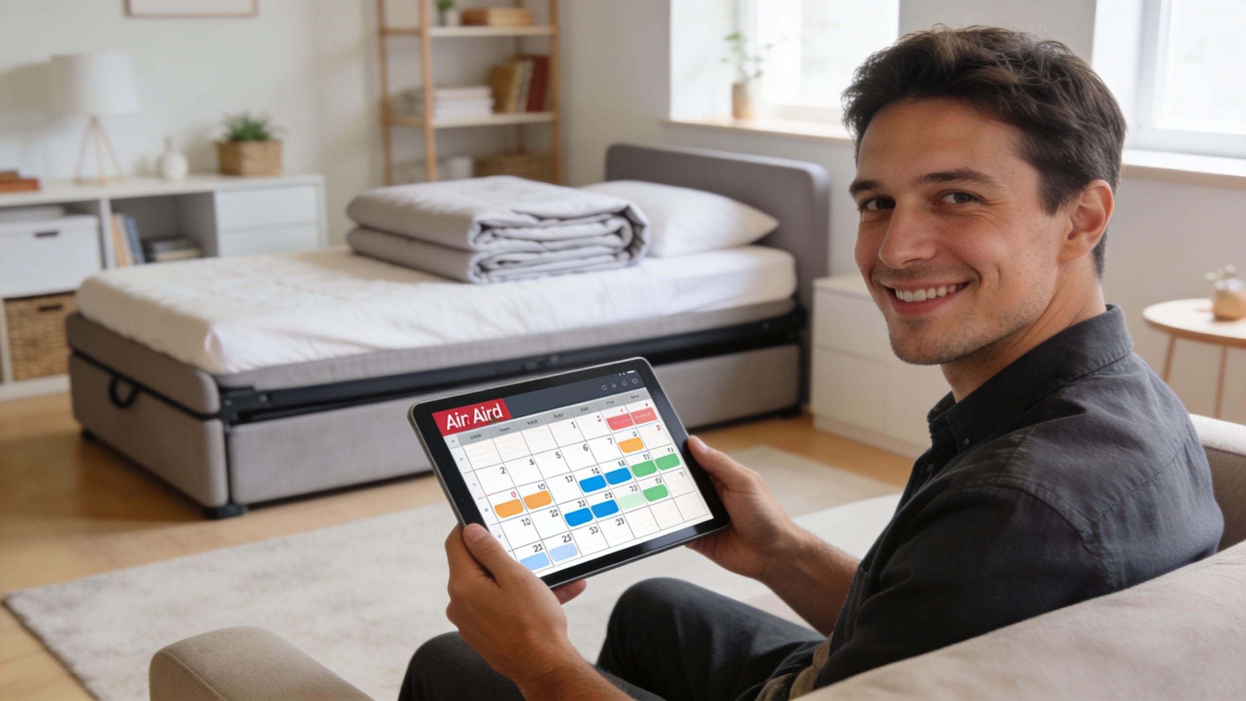 A smiling young man sitting on a sofa and using a tablet to manage guest bed bookings.