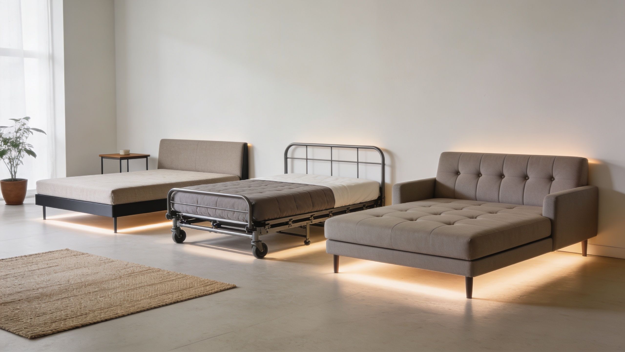Three different types of stylish guest beds arranged in a modern, well-lit minimalist interior room.