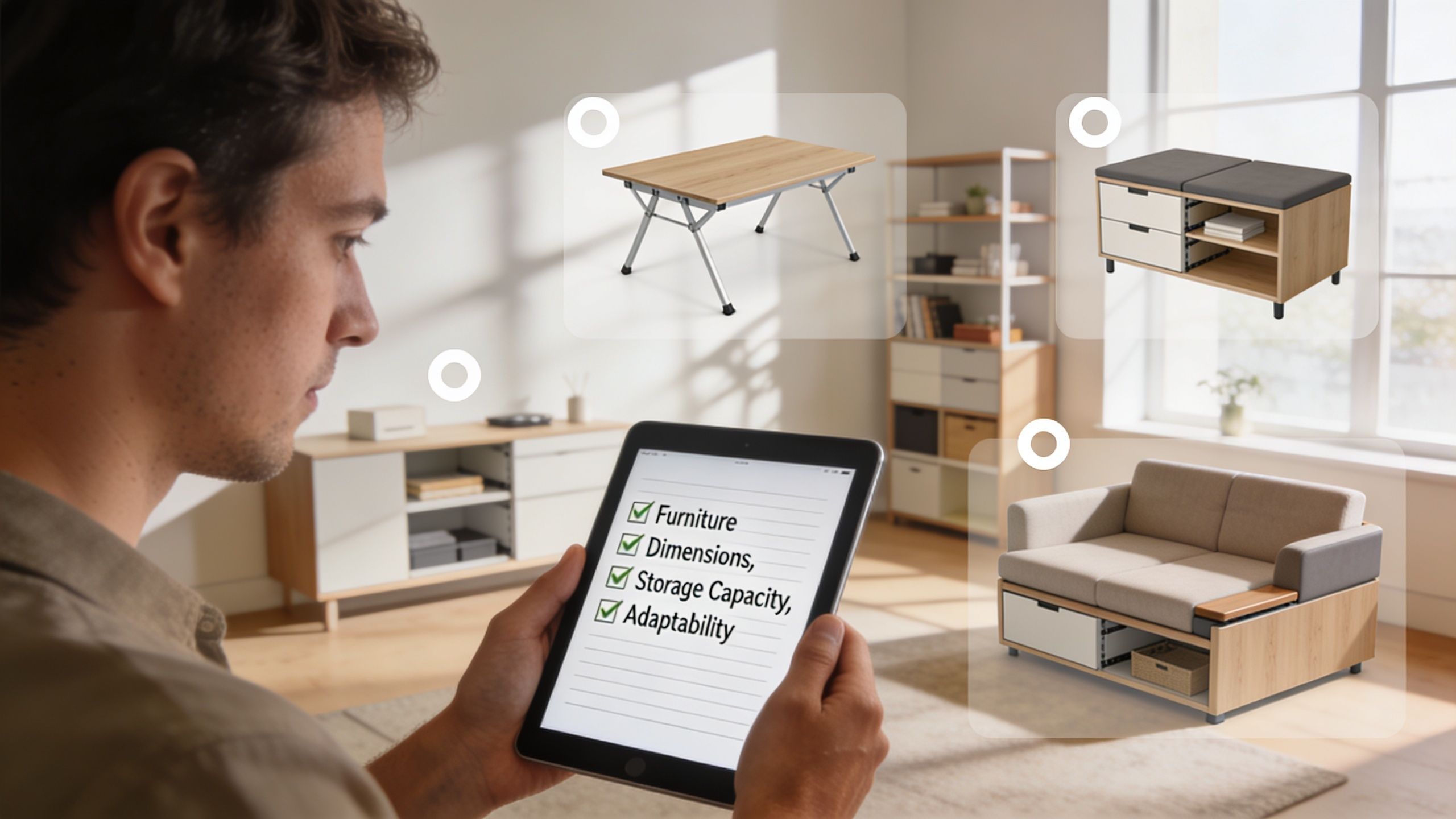A man using a tablet to evaluate compact space-saving furniture options in a modern living room.