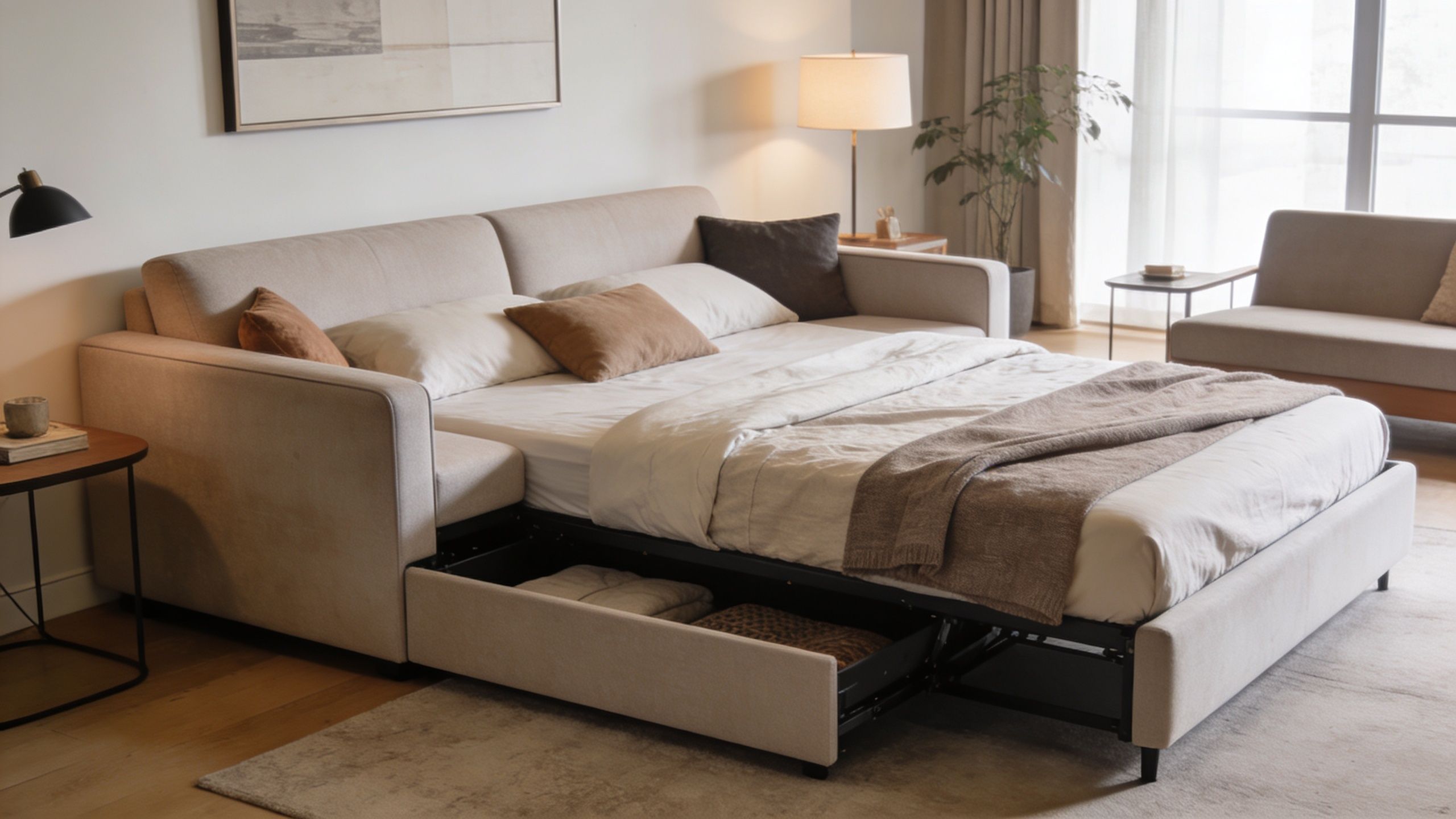 A modern beige sofa bed extended into a sleeping position with hidden storage drawers underneath in a living room.