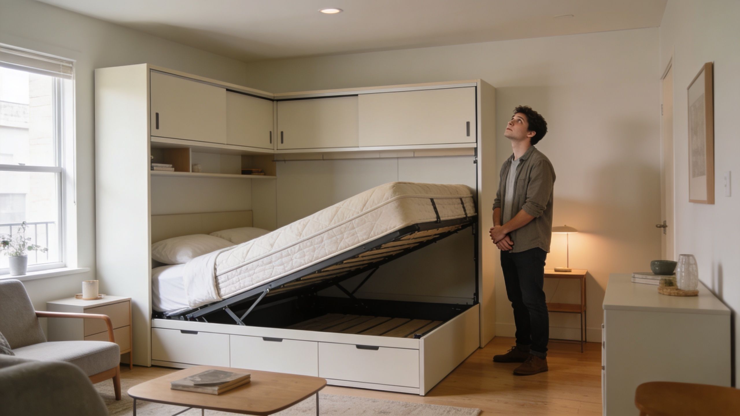 A young man looking up at a modern, space-saving bed with hidden storage in a bedroom.