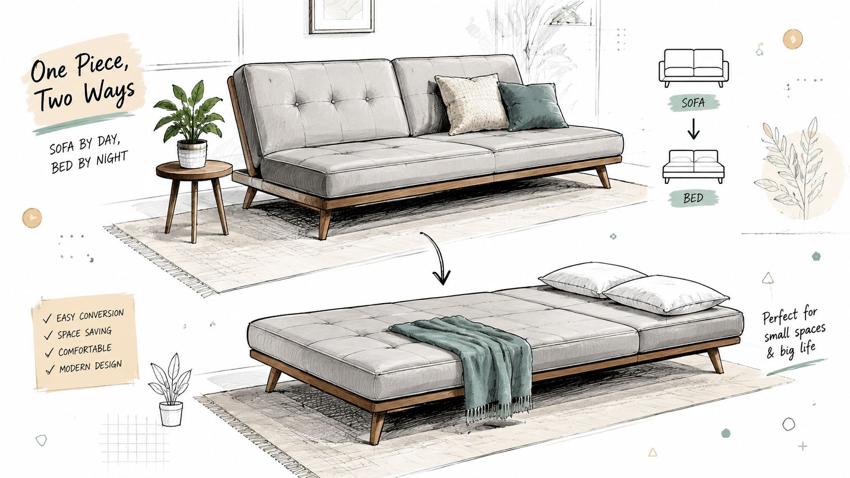 A modern, stylish grey futon sofa that easily converts into a comfortable bed for small living spaces.