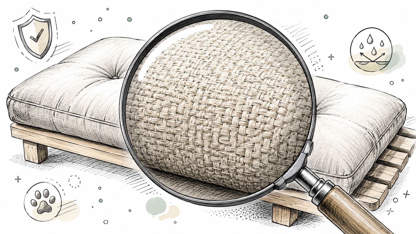 A detailed illustration of a futon mattress showing its durable fabric texture under a magnifying glass.