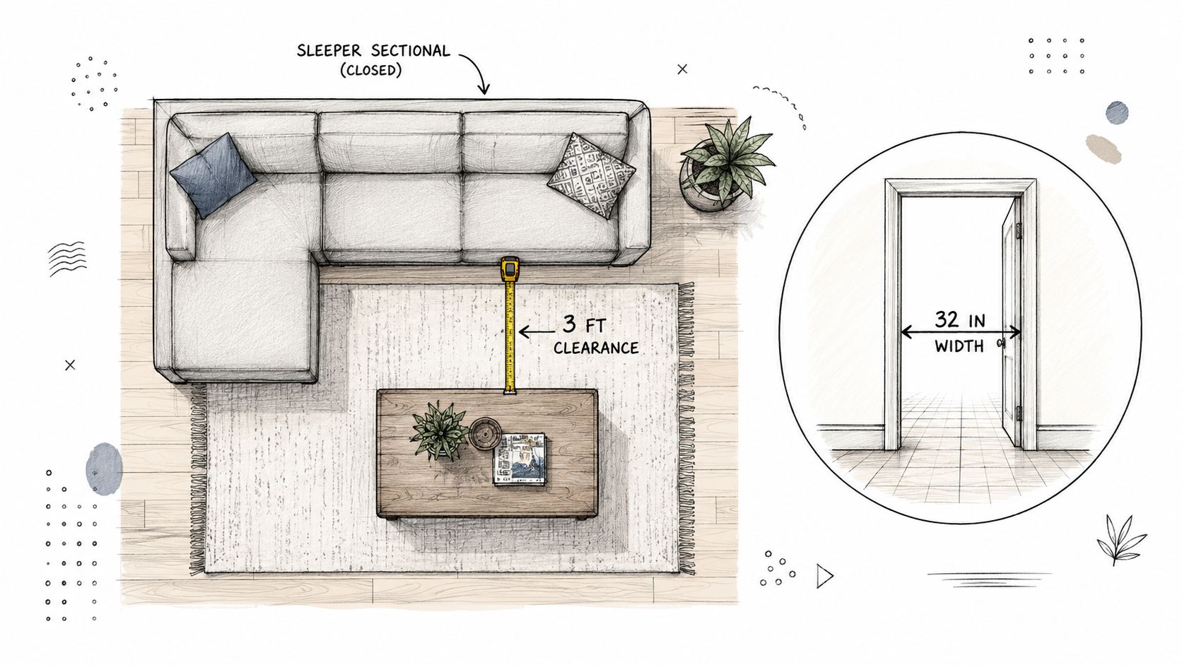 A top-down illustration of a living room layout showing a sleeper sectional sofa and doorway measurements.