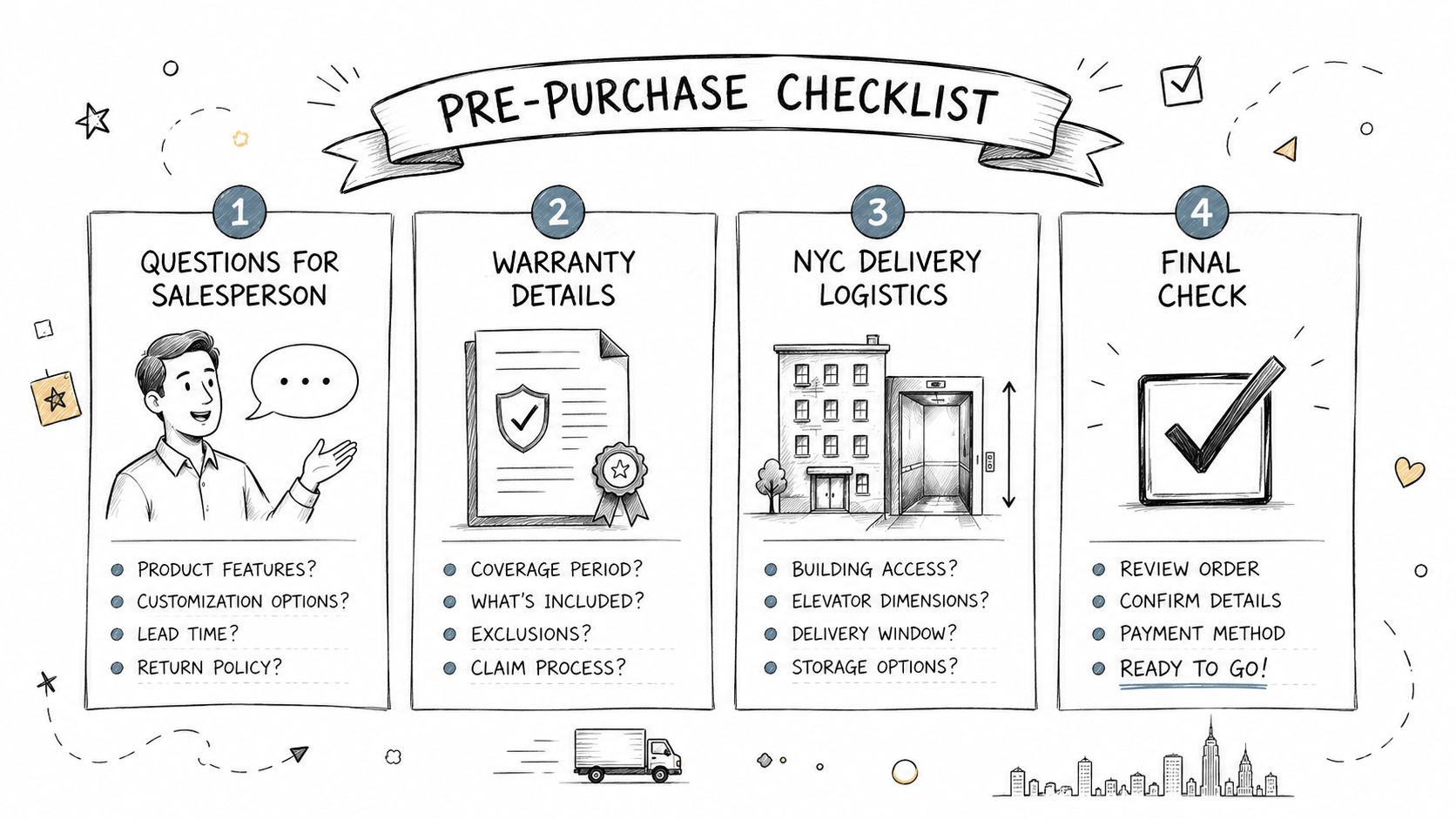 A hand-drawn checklist outlining four essential steps for preparing for a furniture purchase in New York City.