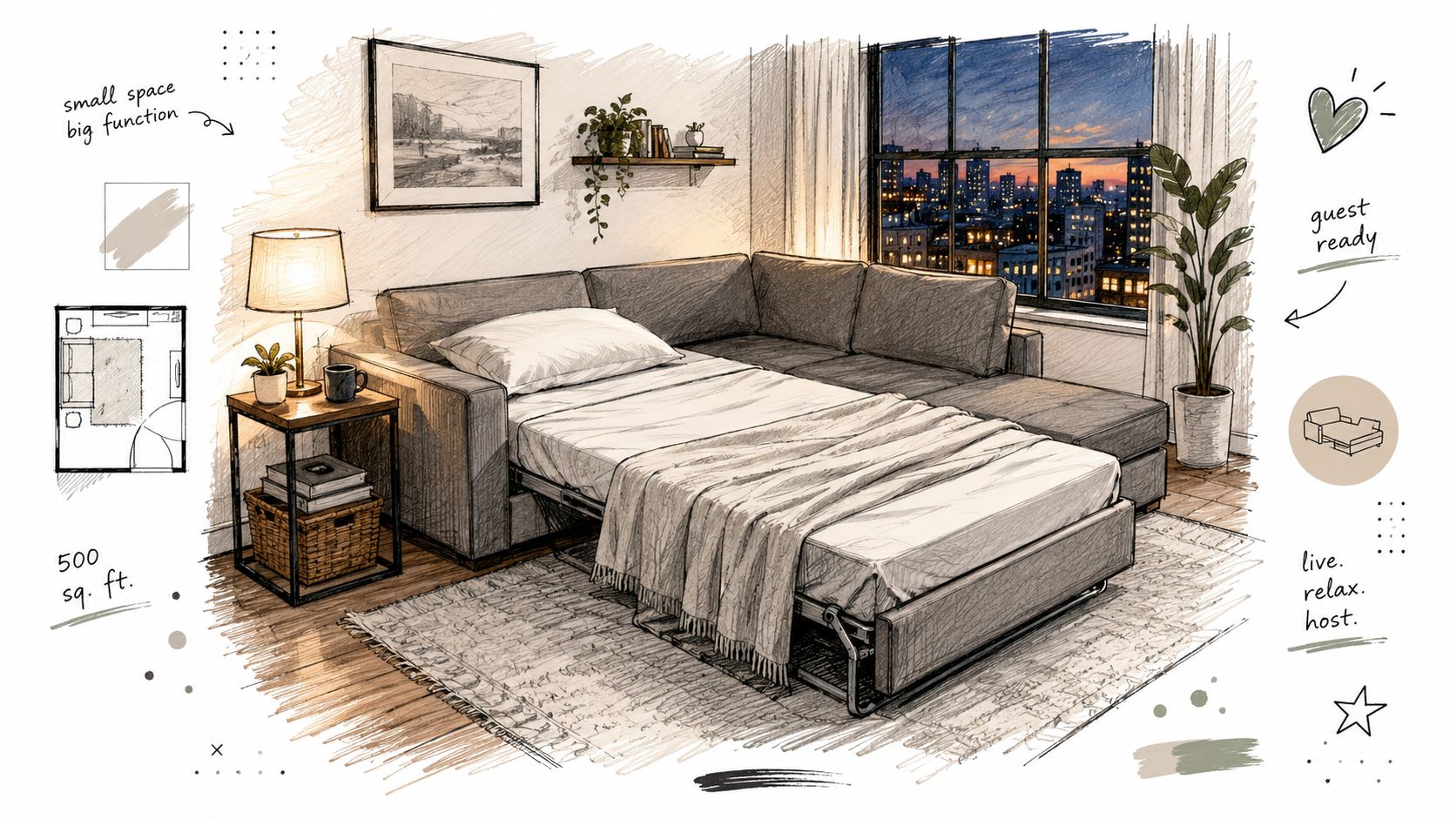 A pencil sketch of a modern apartment featuring a versatile sleeper sectional sofa in a small room.