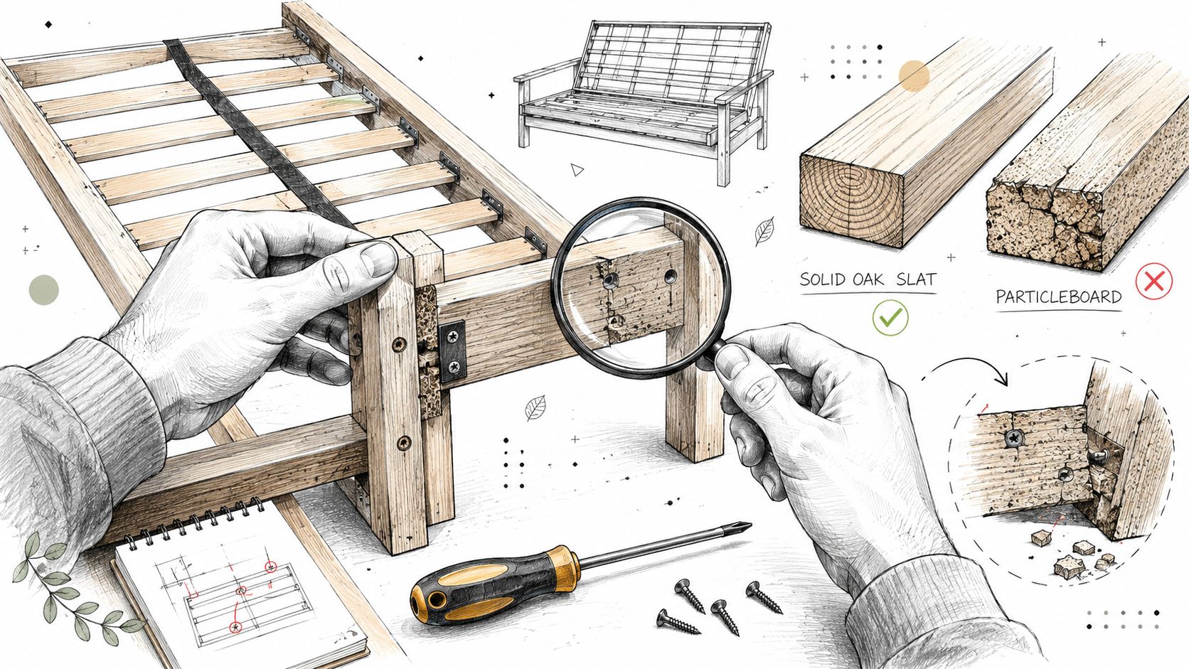 A close-up drawing of someone assembling a wooden futon frame, highlighting quality versus particleboard material differences.