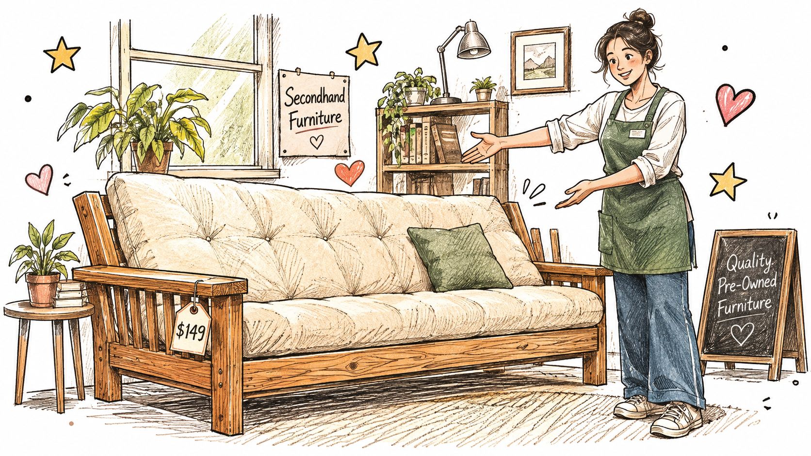 A friendly shop assistant stands next to a wooden futon sofa with a price tag of $149.