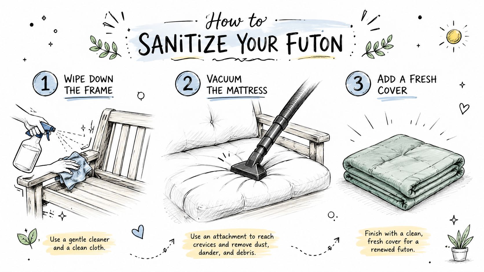 A step-by-step illustrated guide on how to sanitize a futon frame and mattress properly.