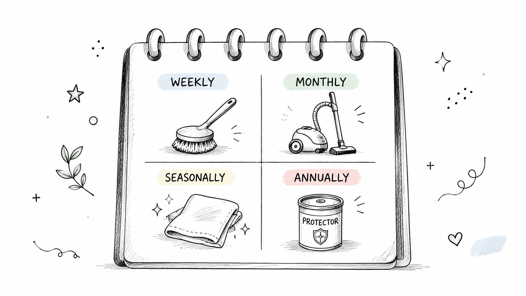 A hand-drawn calendar illustration displaying a four-step schedule for upholstery cleaning tasks over different time periods.