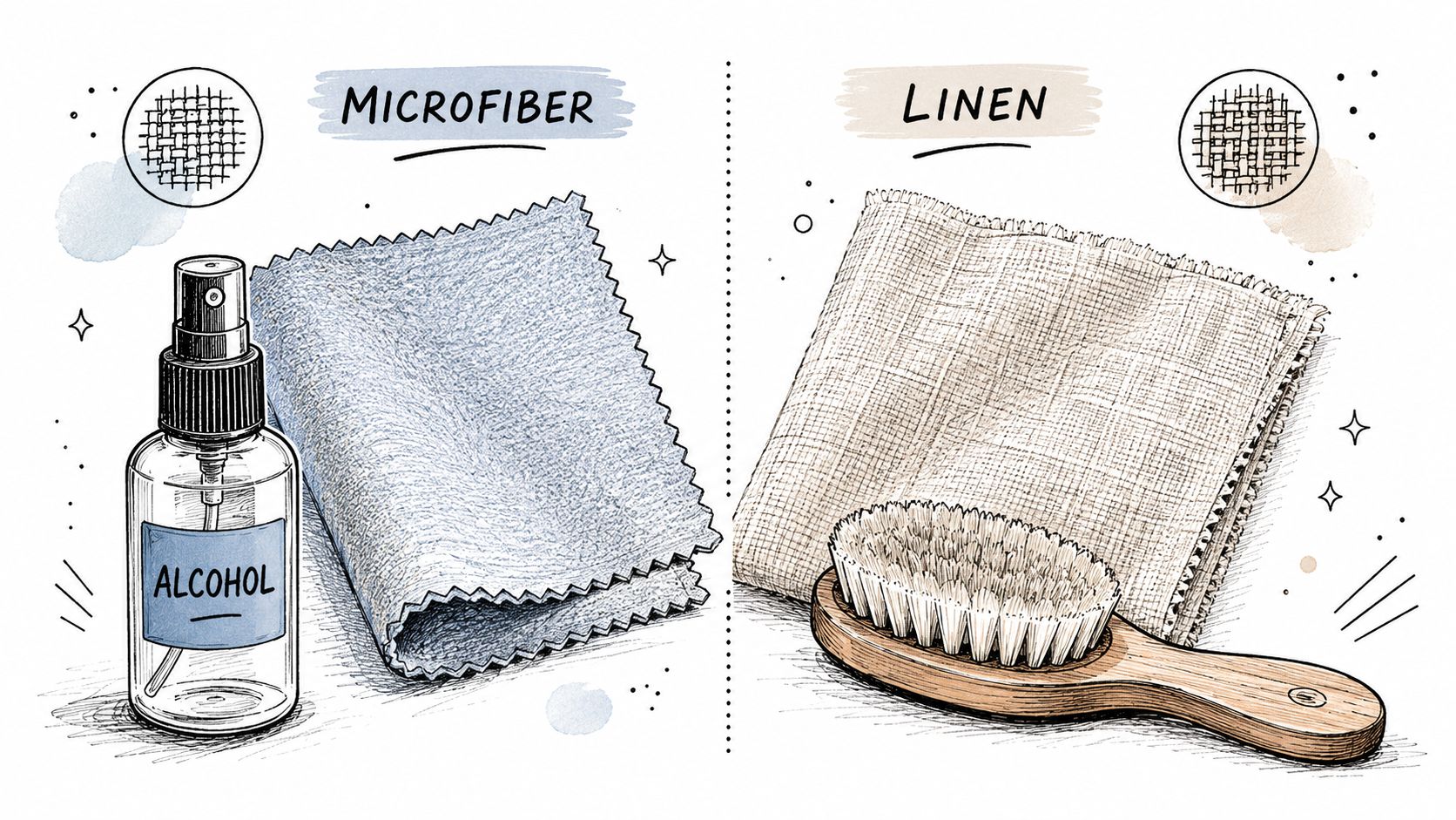 An illustration comparing microfiber and linen cloth cleaning supplies, including alcohol spray and a wooden brush.
