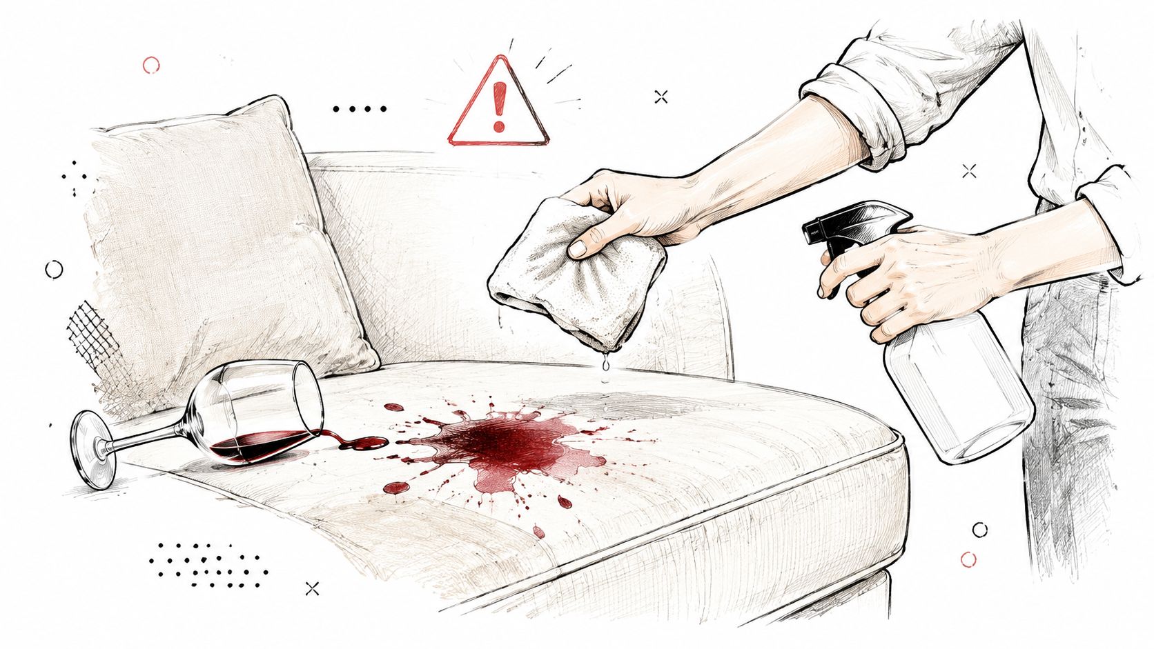 A hand cleaning a red wine spill on a light-colored sofa using a spray bottle and cloth.