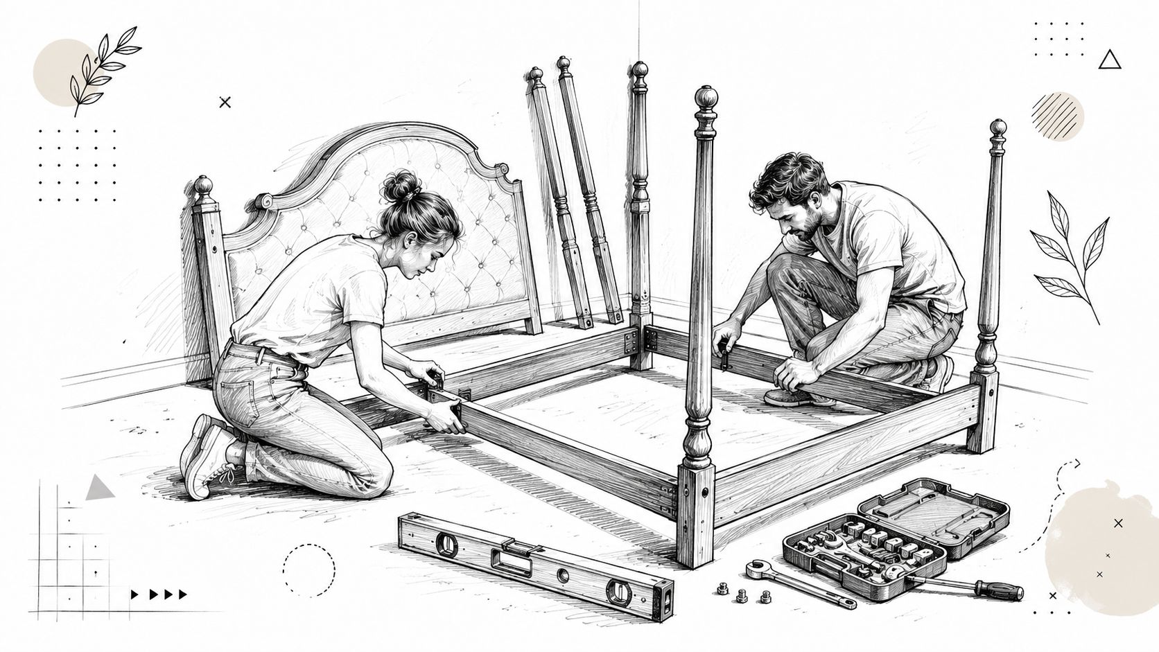A woman and a man assembling a wooden four-poster bed frame in a room together.