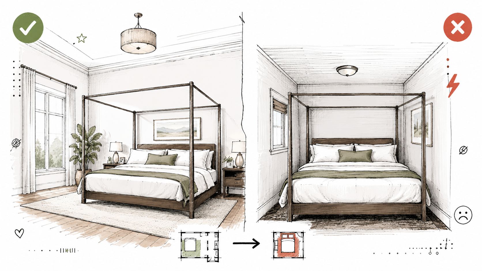 Comparison of two bedroom layouts with a king size bed with posts, showing ideal vs poor furniture placement.