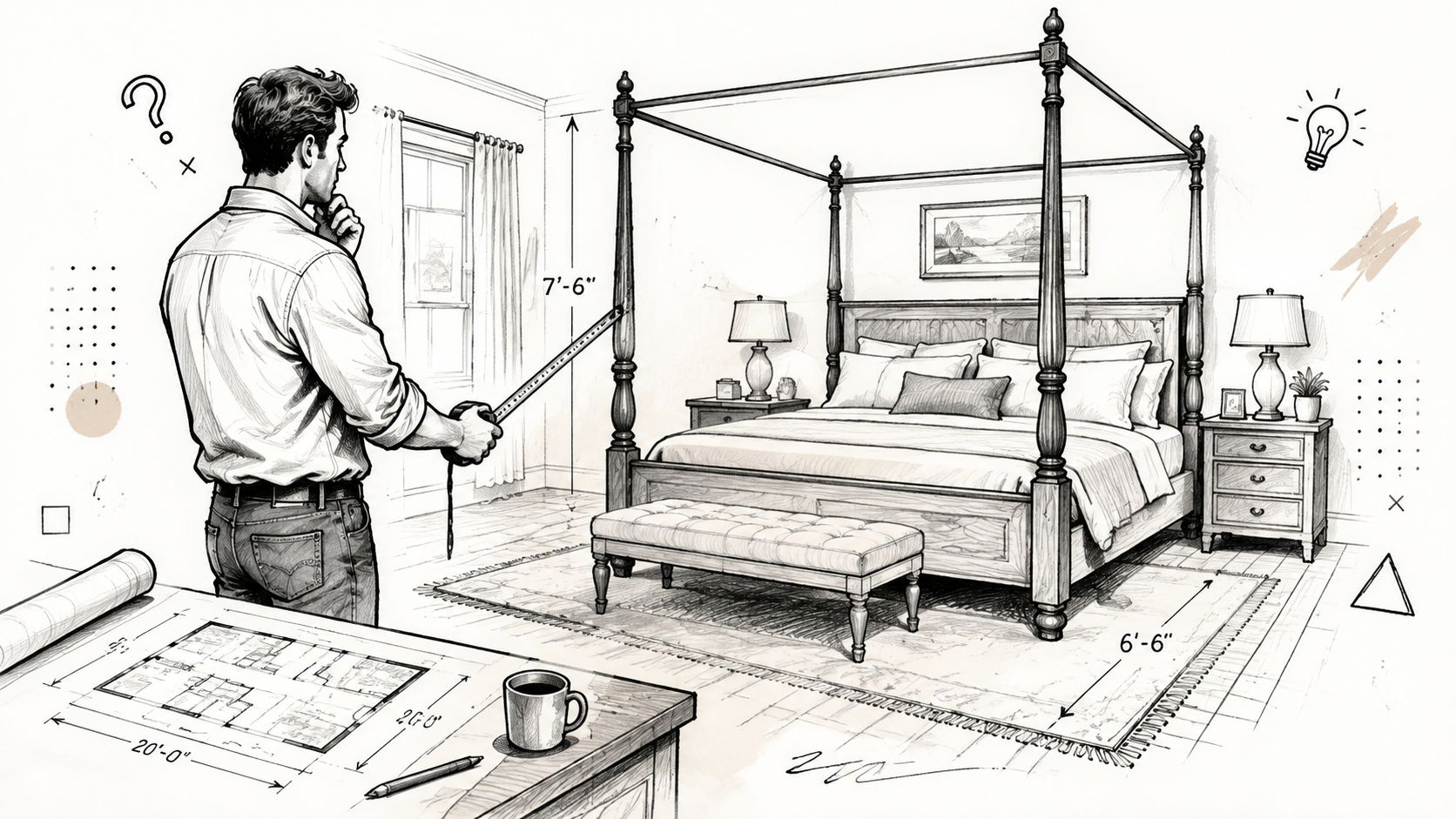 A man measures a canopy bed in a bedroom while reviewing architectural floor plans on a desk.