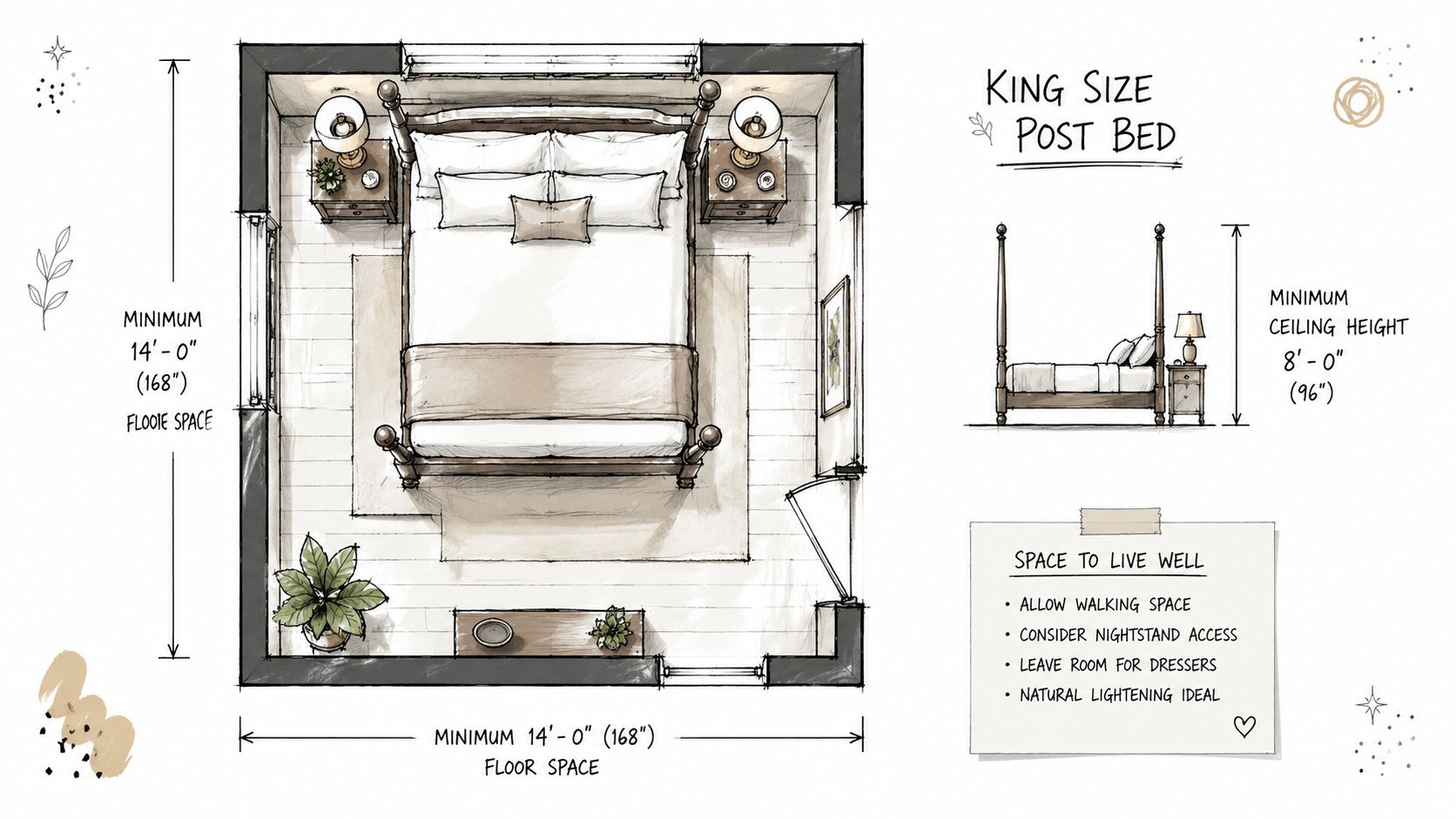 A detailed architectural floor plan illustration showing the required dimensions for placing a king size post bed.