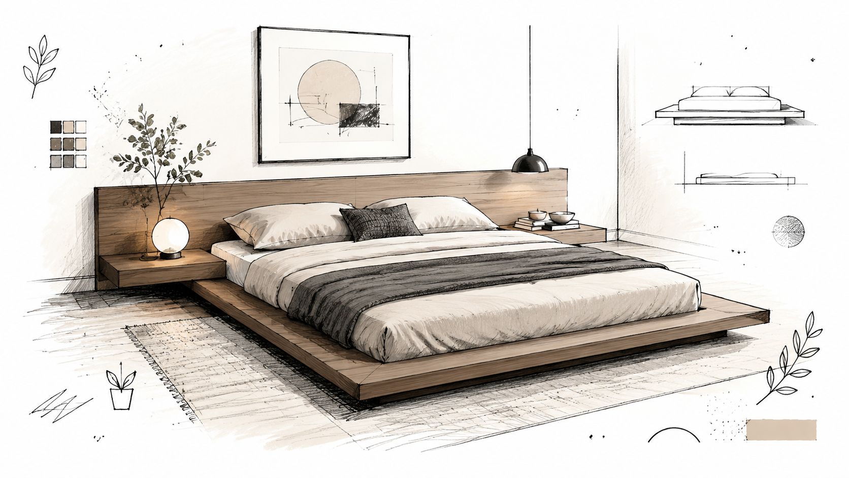 A hand-drawn architectural sketch of a modern minimalist bedroom featuring a low-profile wooden king size bed.