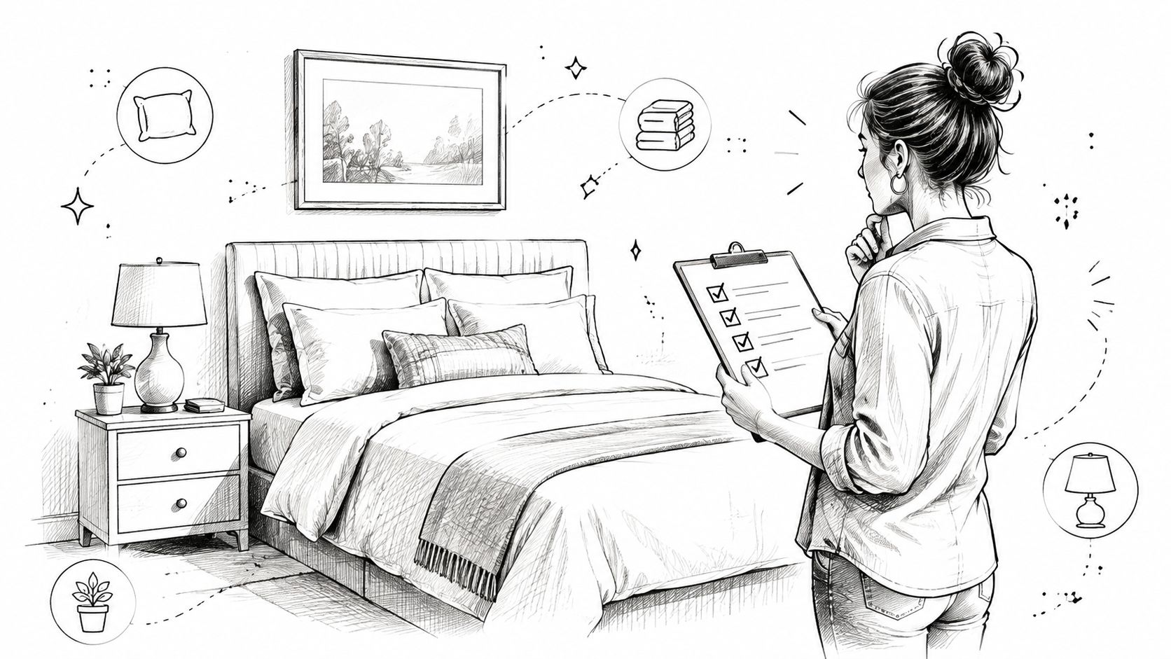 A woman checking a guest room checklist beside a neatly prepared bed with pillows and decor.