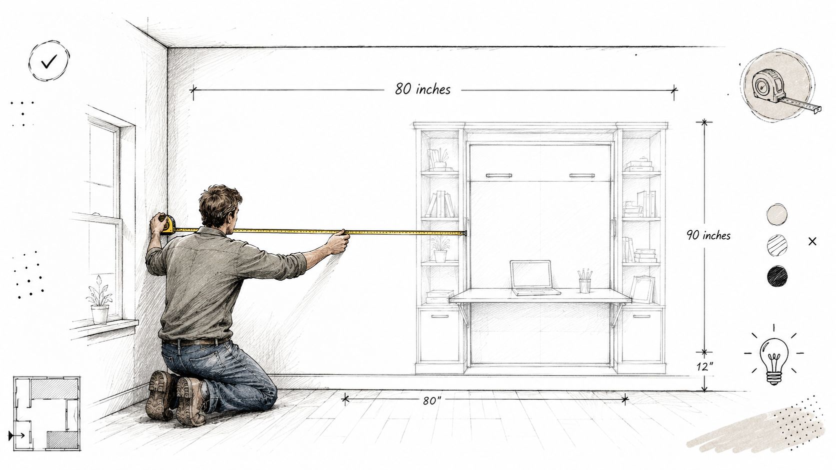 A man measuring a wall for a murphy bed with a desk combo in a room.