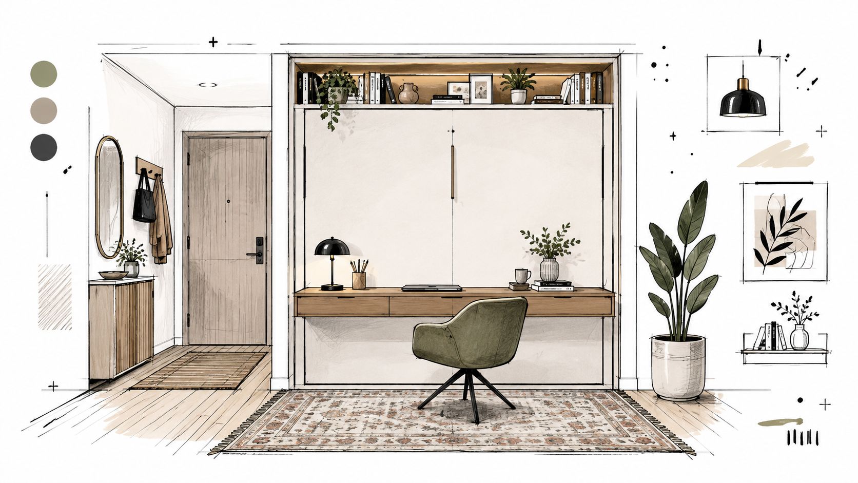 A modern, minimalist home office design featuring a murphy bed with desk combo and decorative plants.