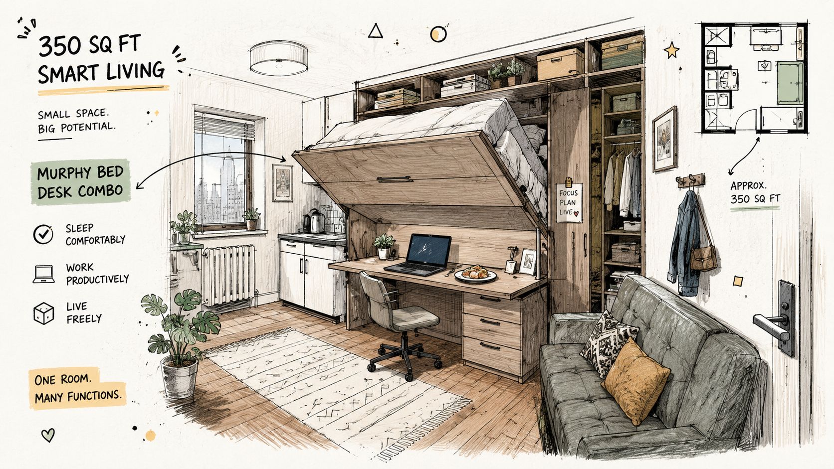 A digital sketch of a 350 square foot studio apartment featuring a multifunctional Murphy bed desk combo.