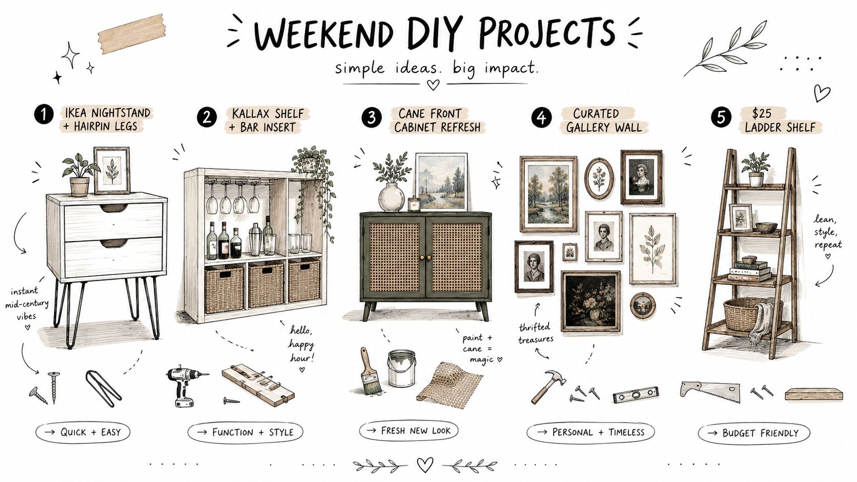 A hand-drawn illustration showing five simple DIY furniture and decor projects for budget-friendly home improvements.