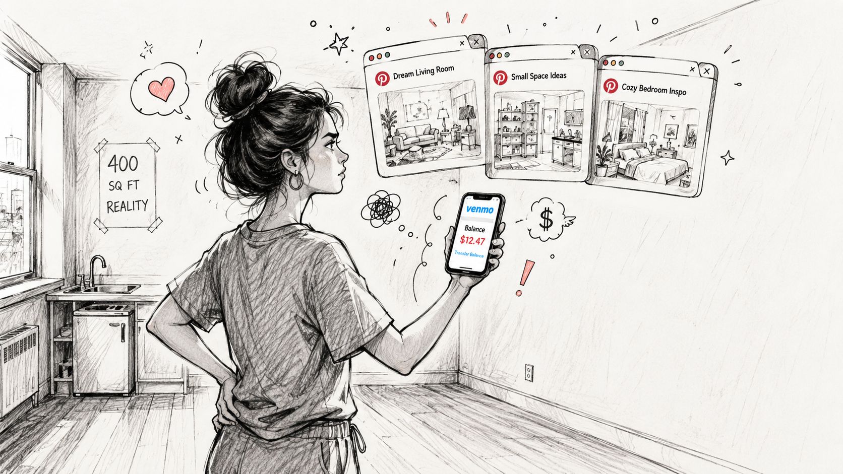 A woman looks at her low bank balance while dreaming of small apartment decor on Pinterest.