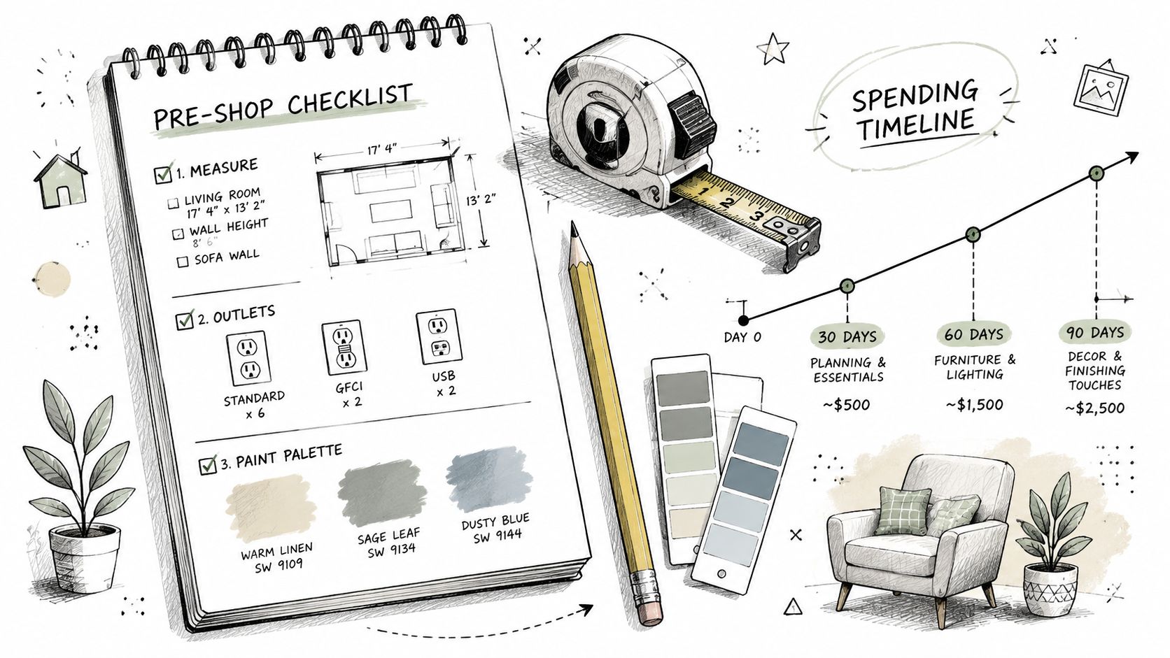 A hand-drawn checklist and a spending timeline for decorating a small apartment on a budget.