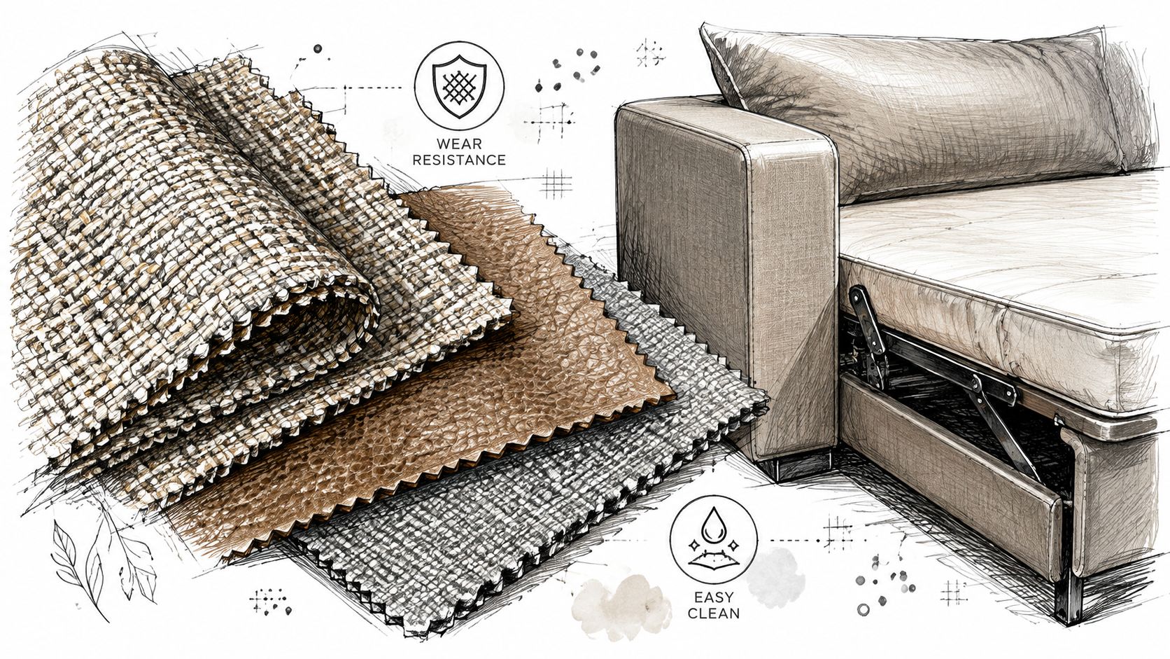 A pencil sketch of a sofa bed showing fabric swatches for wear resistance and easy cleaning.