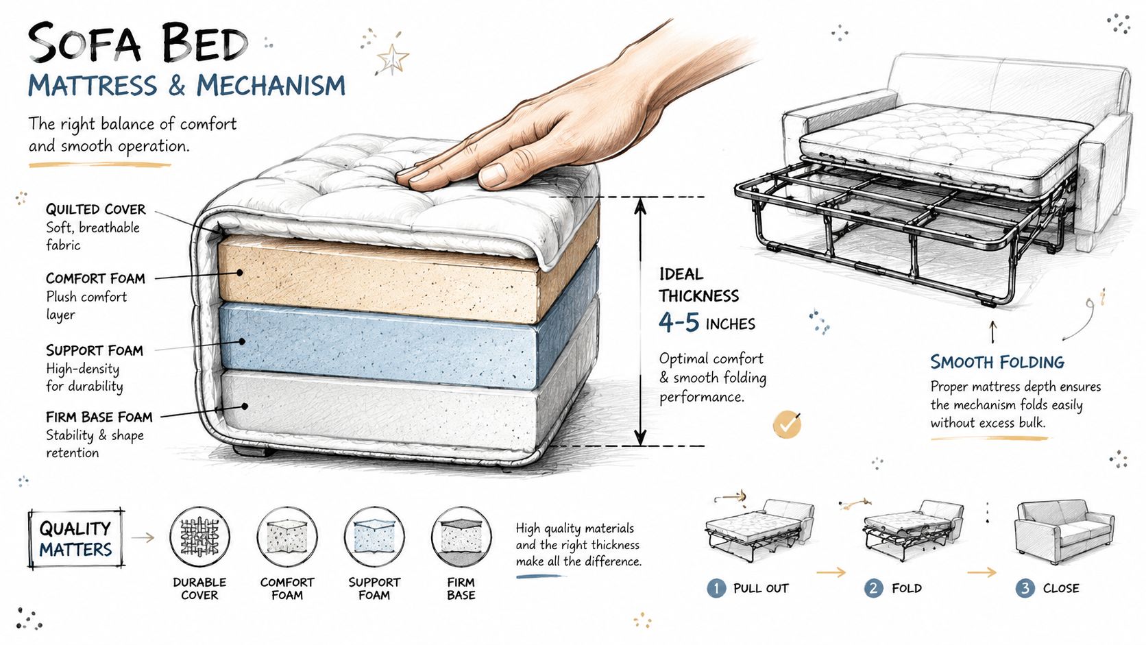 A detailed diagram illustrating the layers and ideal thickness of a high-quality sofa bed mattress mechanism.