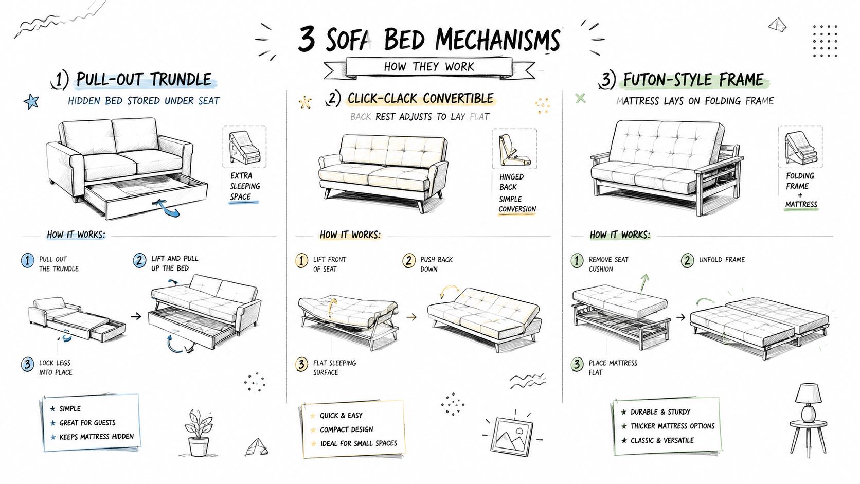 An infographic illustrating three common types of sofa bed mechanisms: pull-out trundle, click-clack, and futon-style frames.