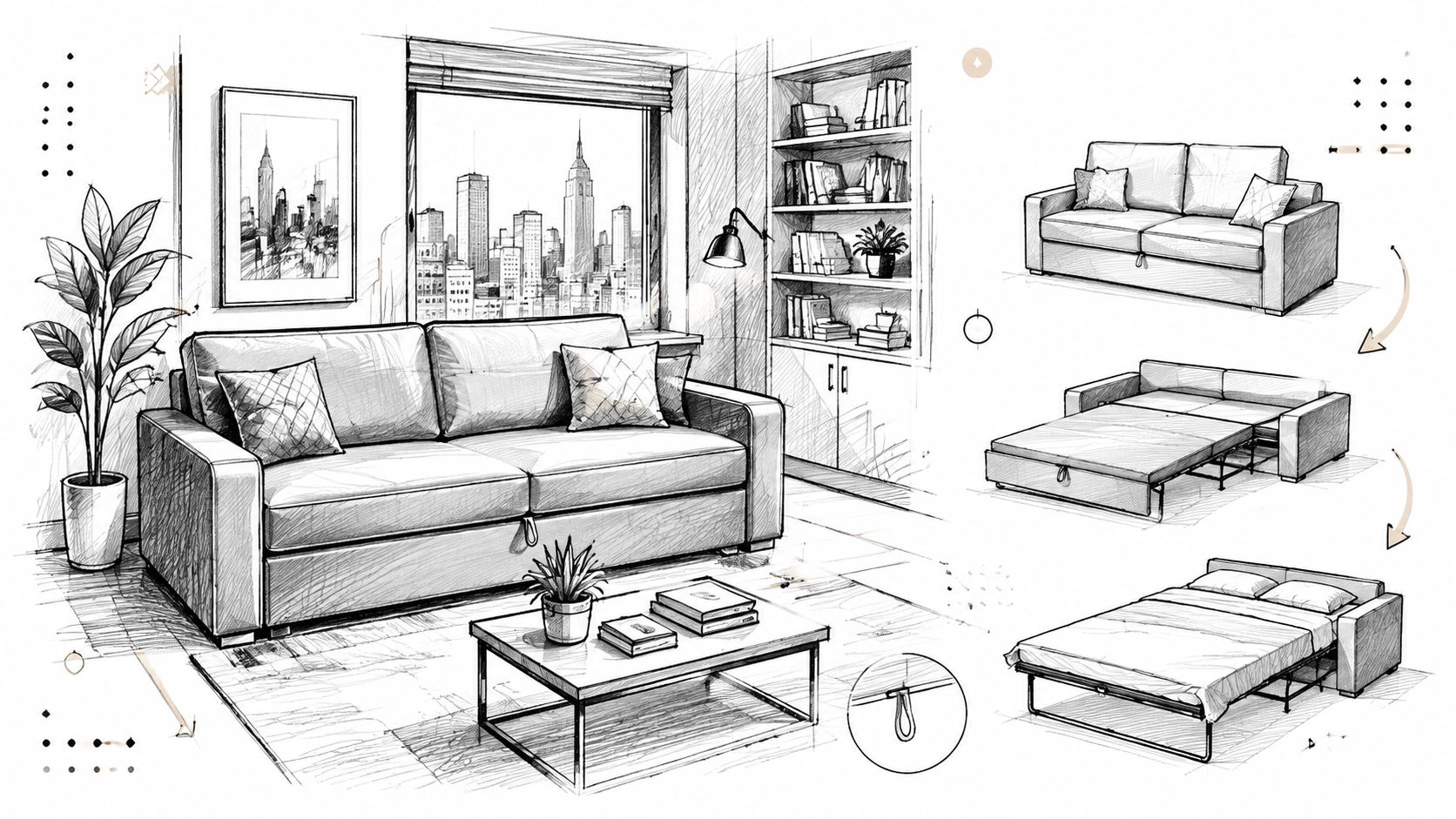A pencil sketch of a modern apartment featuring a sofa bed in a New York City setting.