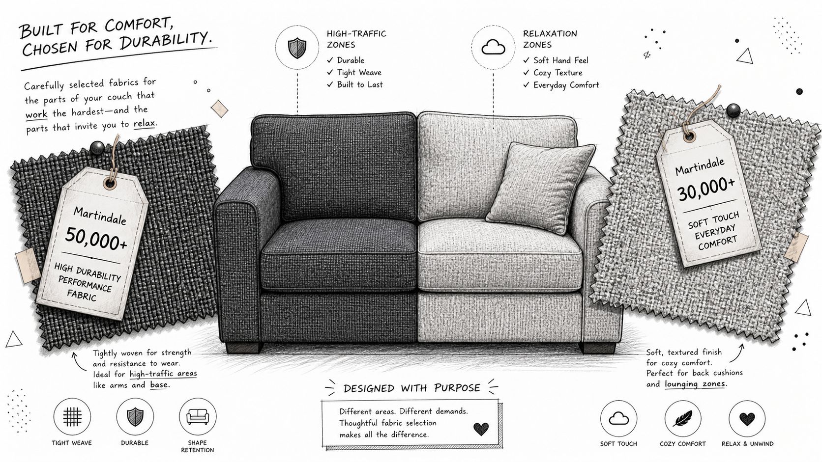 A diagram illustrating two-tone couch fabric design, highlighting high-traffic durability and cozy relaxation zone features.