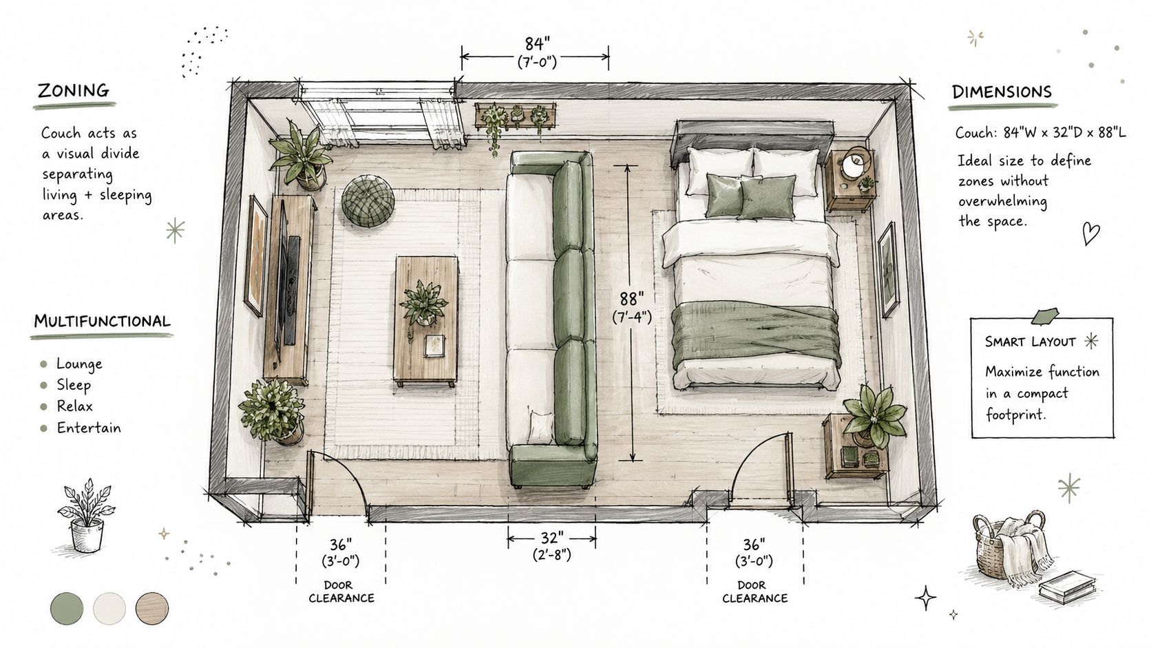 A hand-drawn floor plan illustrating a studio apartment layout with a couch dividing sleeping and living areas.