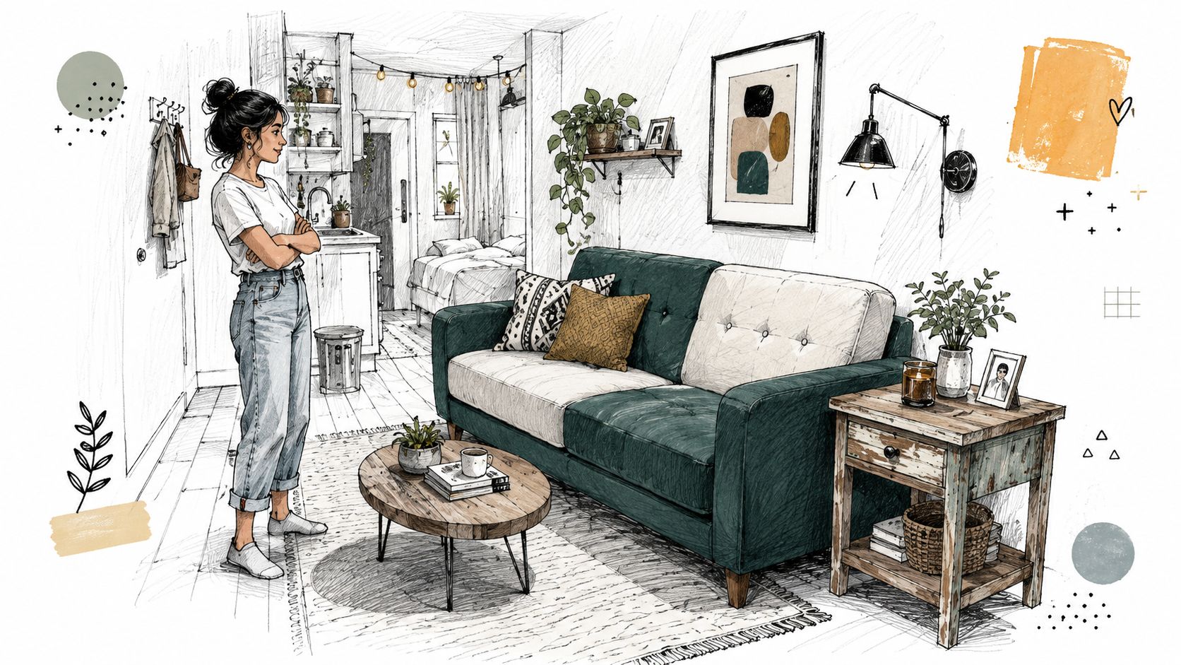 A woman stands in a cozy living room with a two tone sofa, rustic table, and decor.