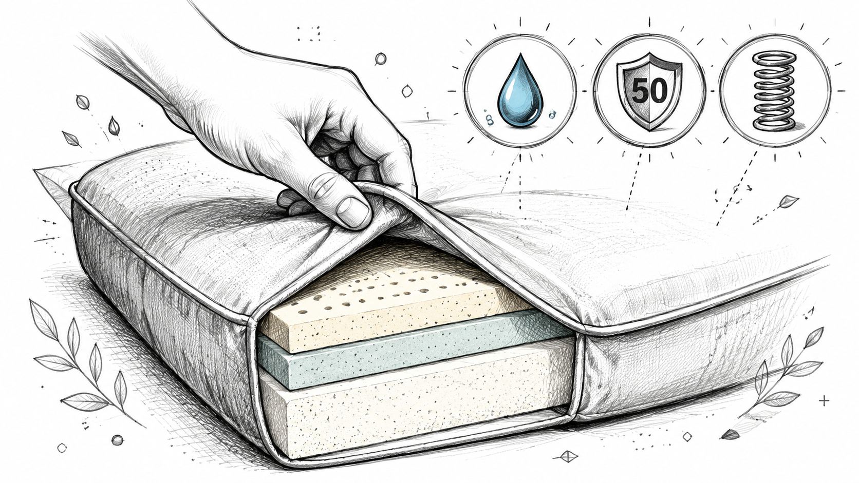 A hand pulling back the cover of a sofa bed showing layered mattress cushions and icons.
