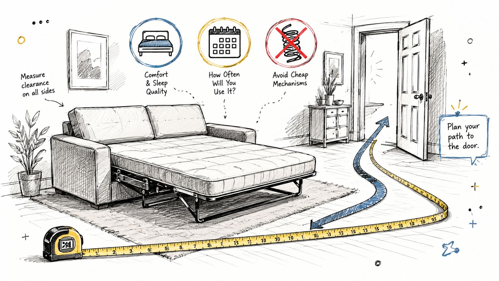 A line art illustration showing important factors to consider when purchasing a sofa bed for your home.