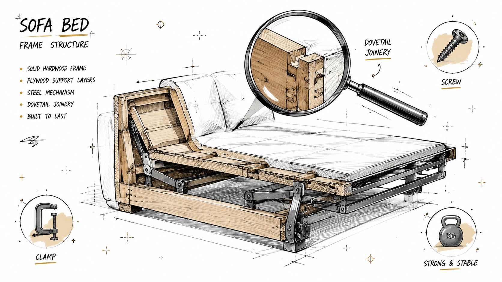A detailed technical drawing of a sofa bed showing the wooden frame, steel mechanism, and sturdy construction.