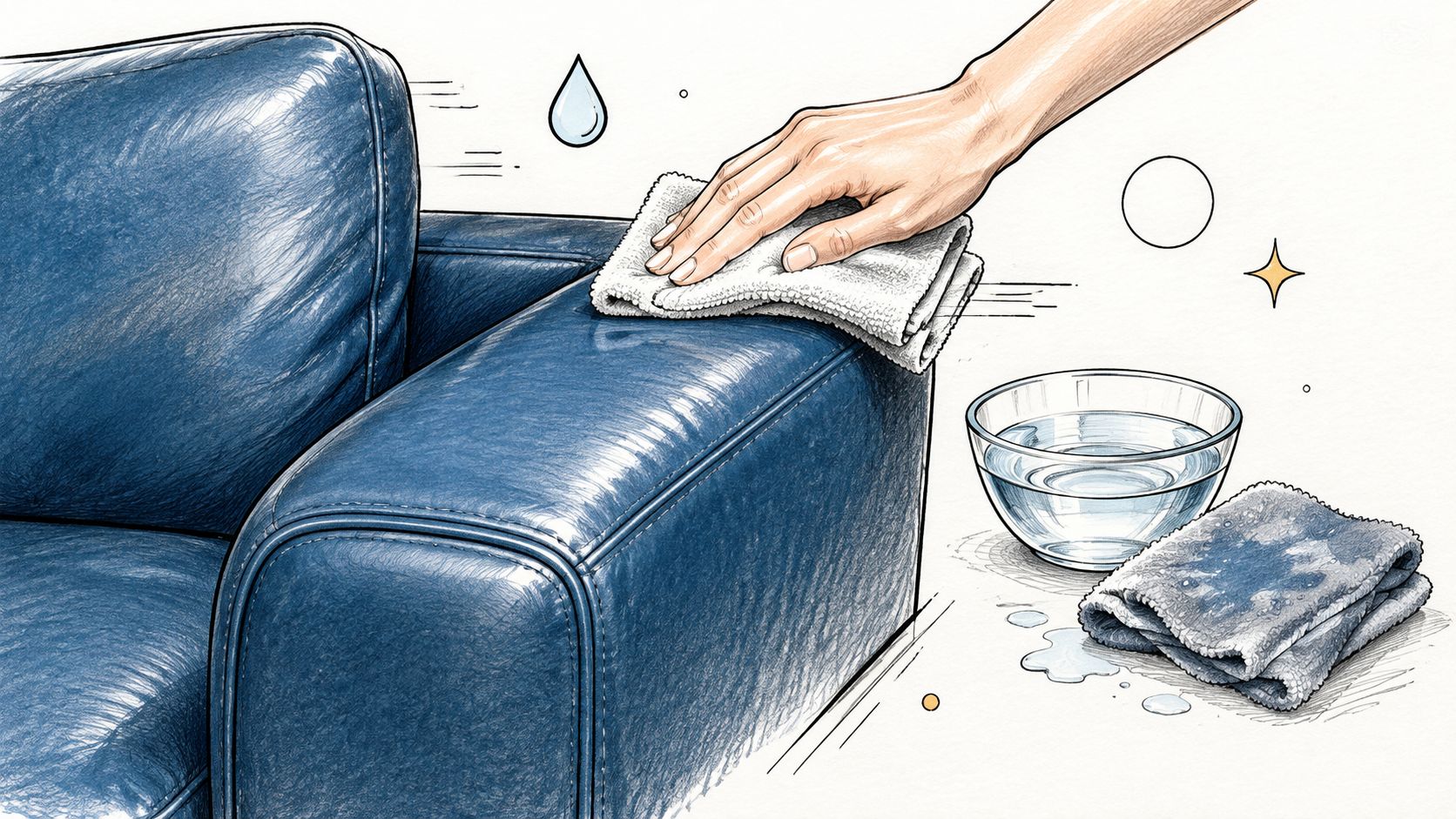 A hand cleaning the arm of a blue leather sofa using a damp cloth and a bowl.