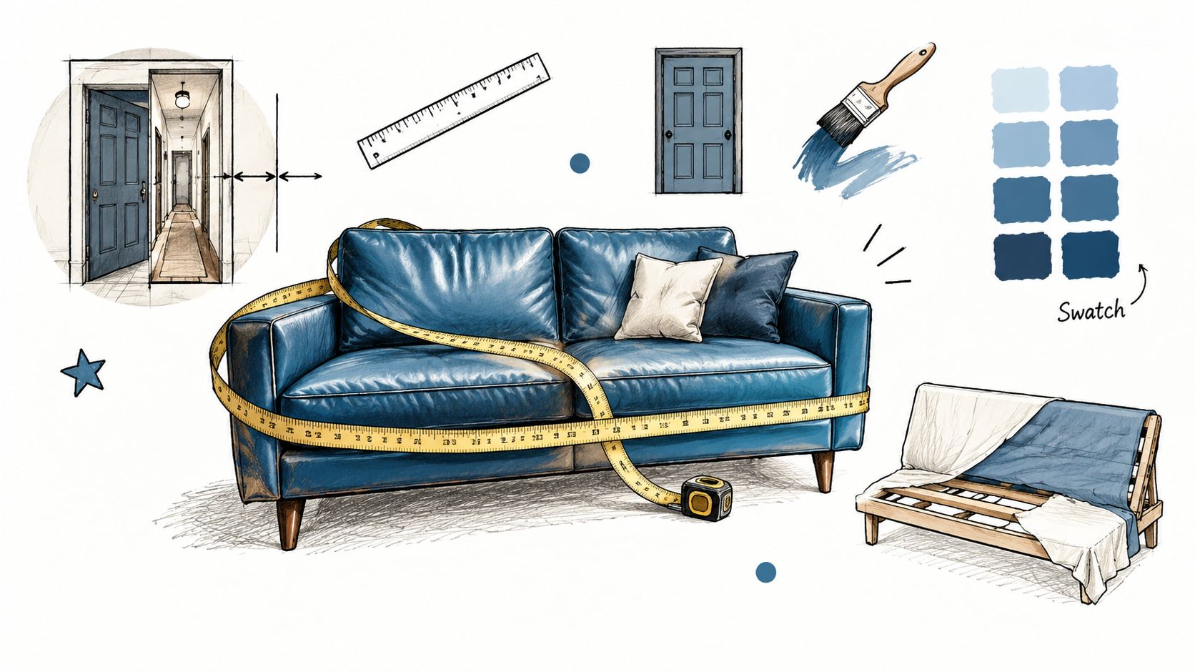 A digital illustration showing a blue leather sofa, interior design measurements, paint swatches, and a wooden frame.