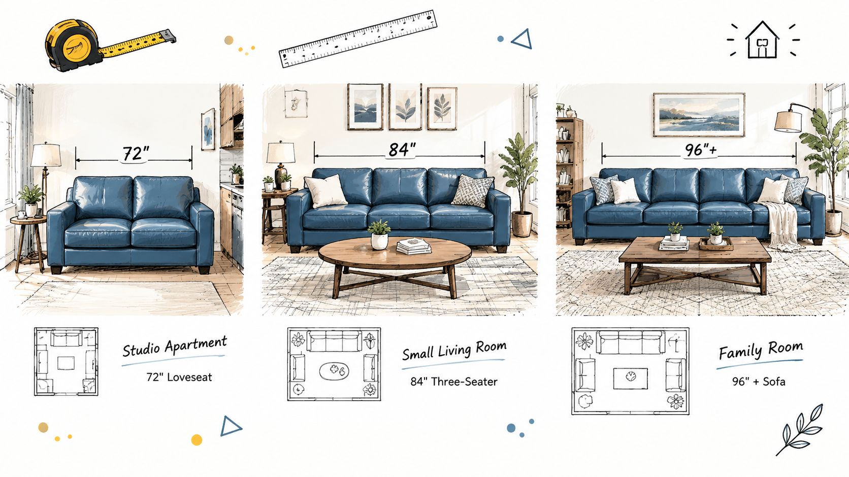 A diagram comparing three different sofa sizes, a loveseat, three-seater, and long sofa for various room types.