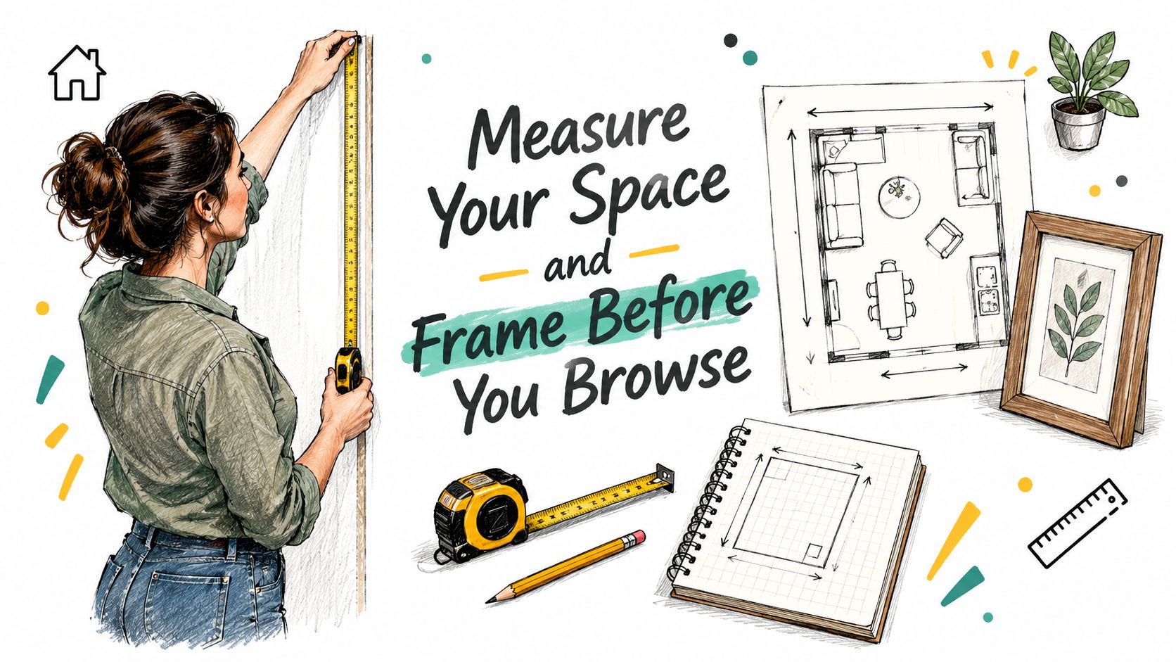 A woman measuring a wall with a tape measure next to floor plans and design tools.
