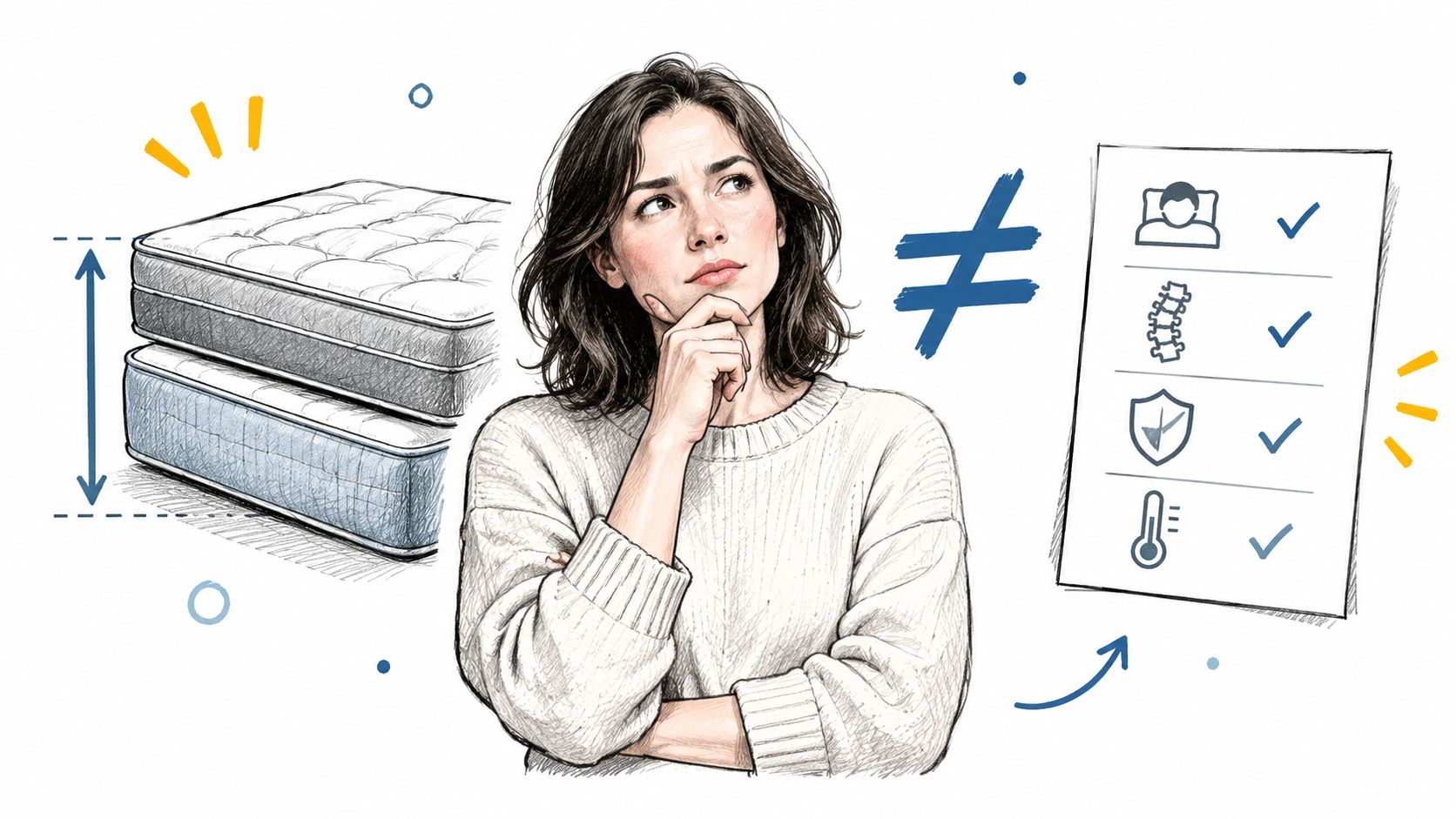 A woman contemplating mattress height versus features like support and temperature regulation in an illustrated style.